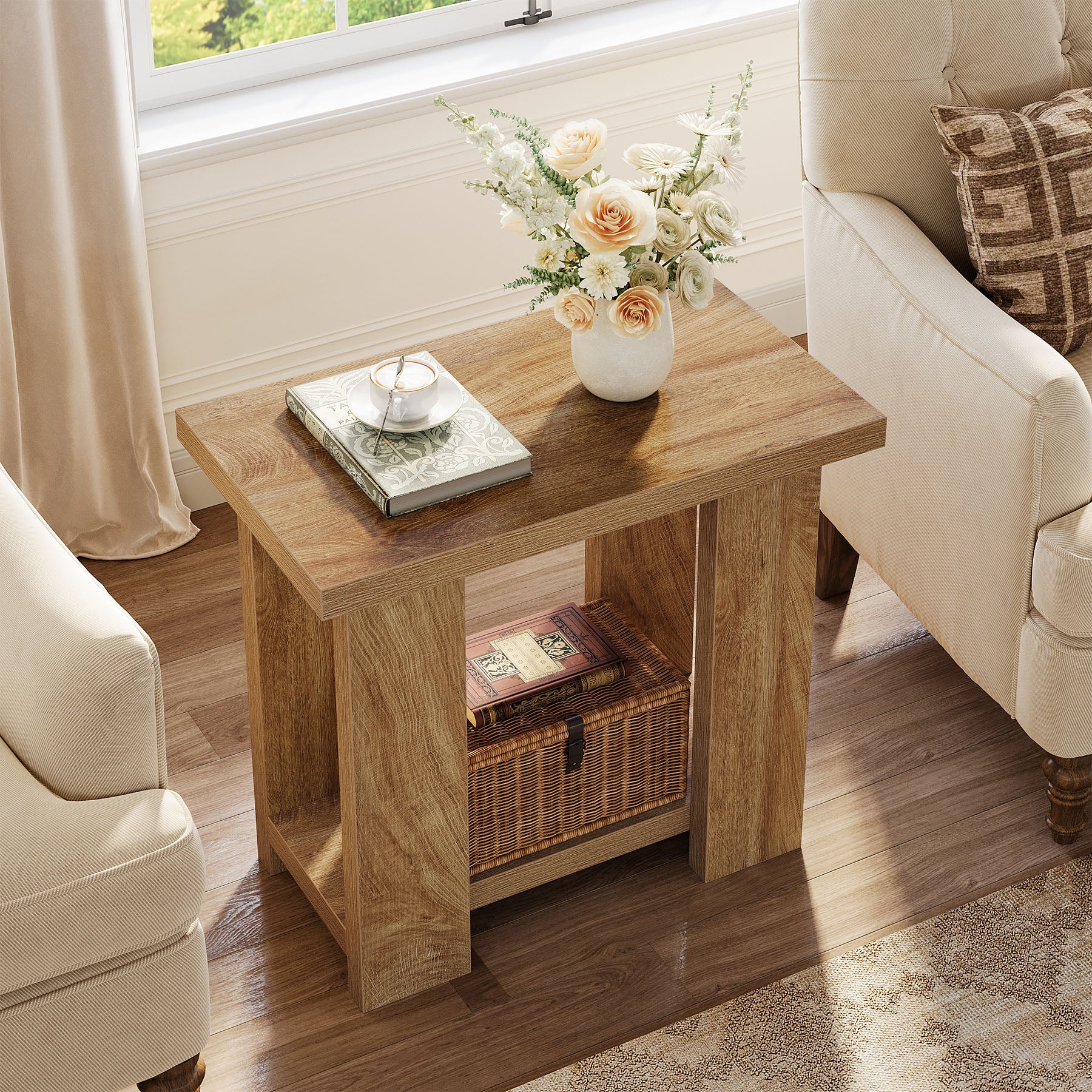 2-Tier End Table, Farmhouse Side Table with Storage Shelves for Small Space - Image 4