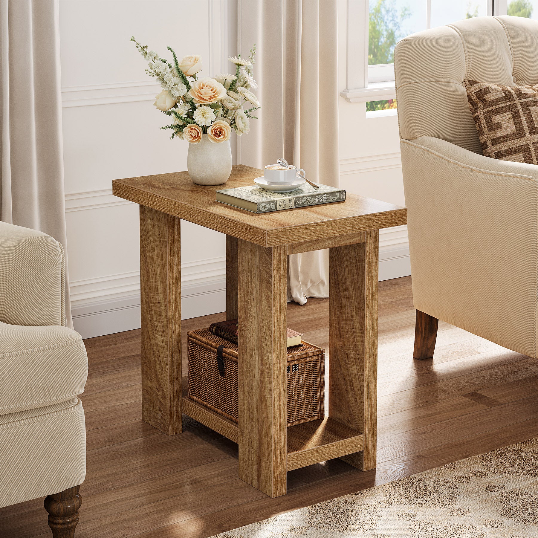 2-Tier End Table, Farmhouse Side Table with Storage Shelves for Small Space - Image 5