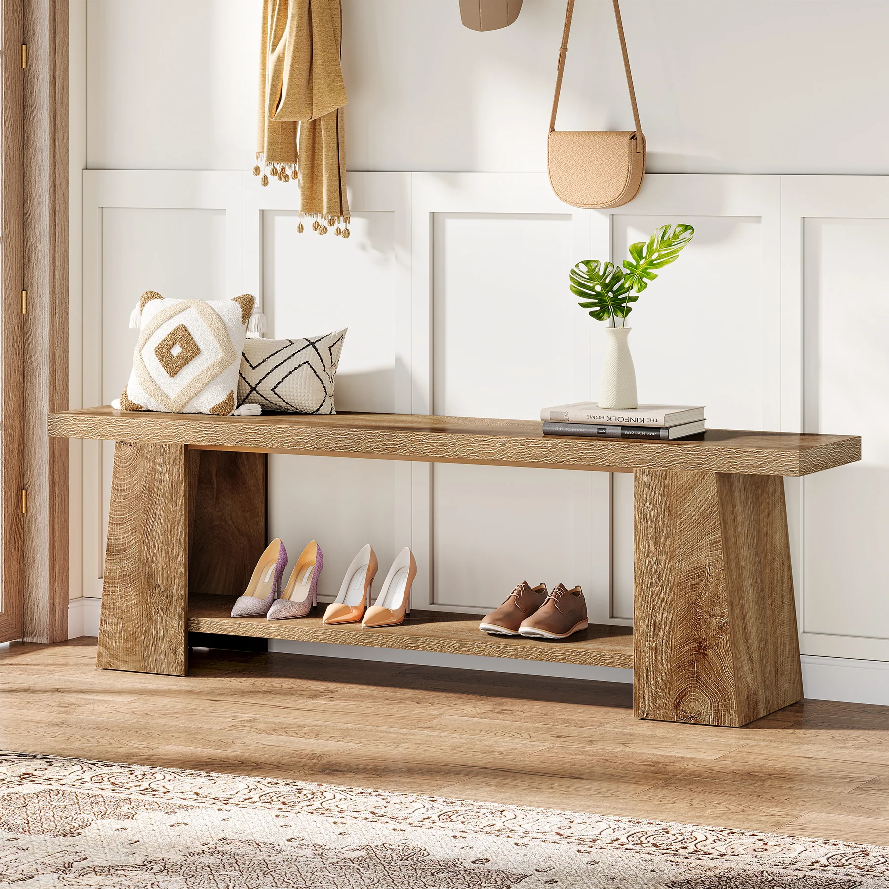 2-Tier Entryway Bench, 59" Shoe Bench End of Bed Bench with Storage Shelves
