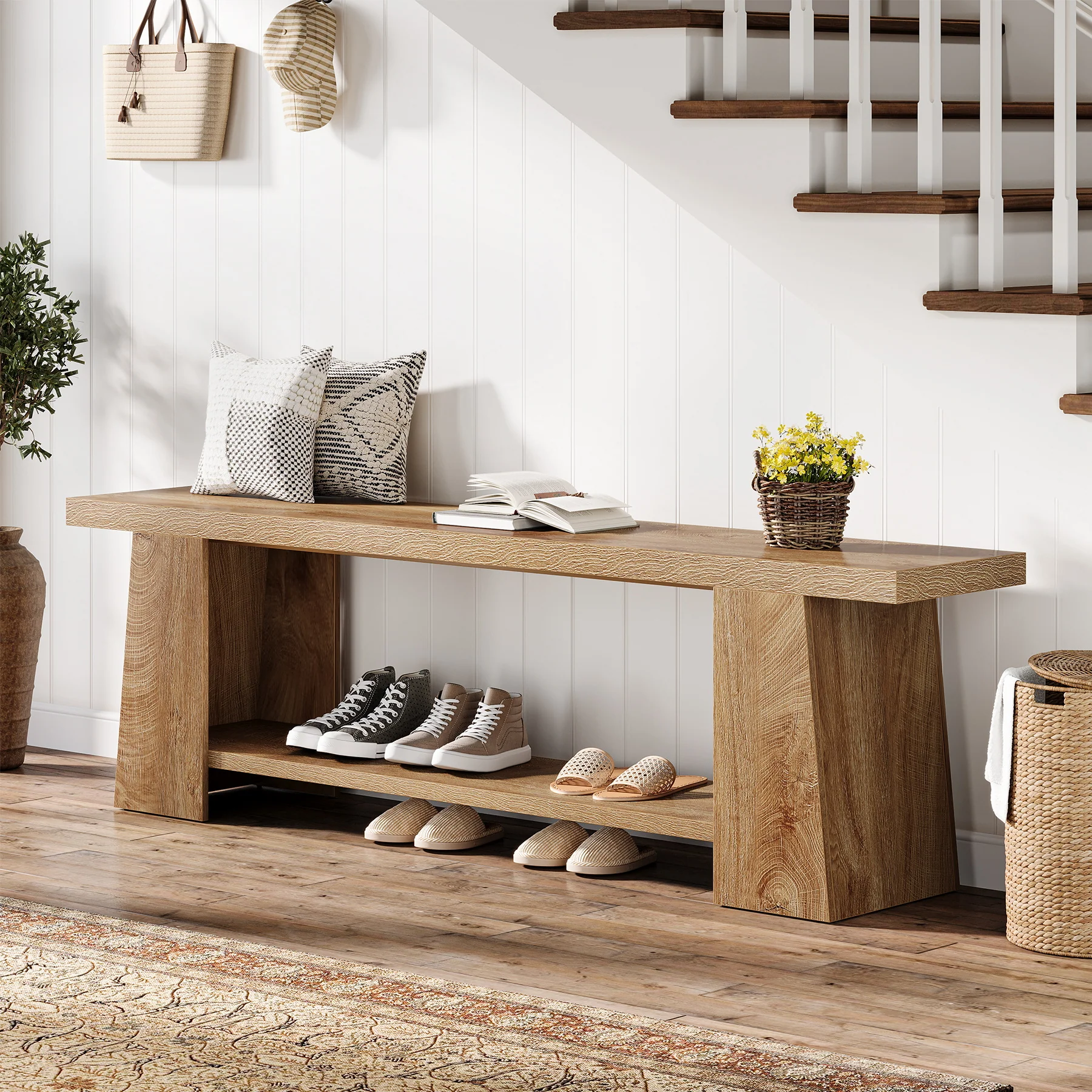 2-Tier Entryway Bench, 59" Shoe Bench End of Bed Bench with Storage Shelves - Image 3