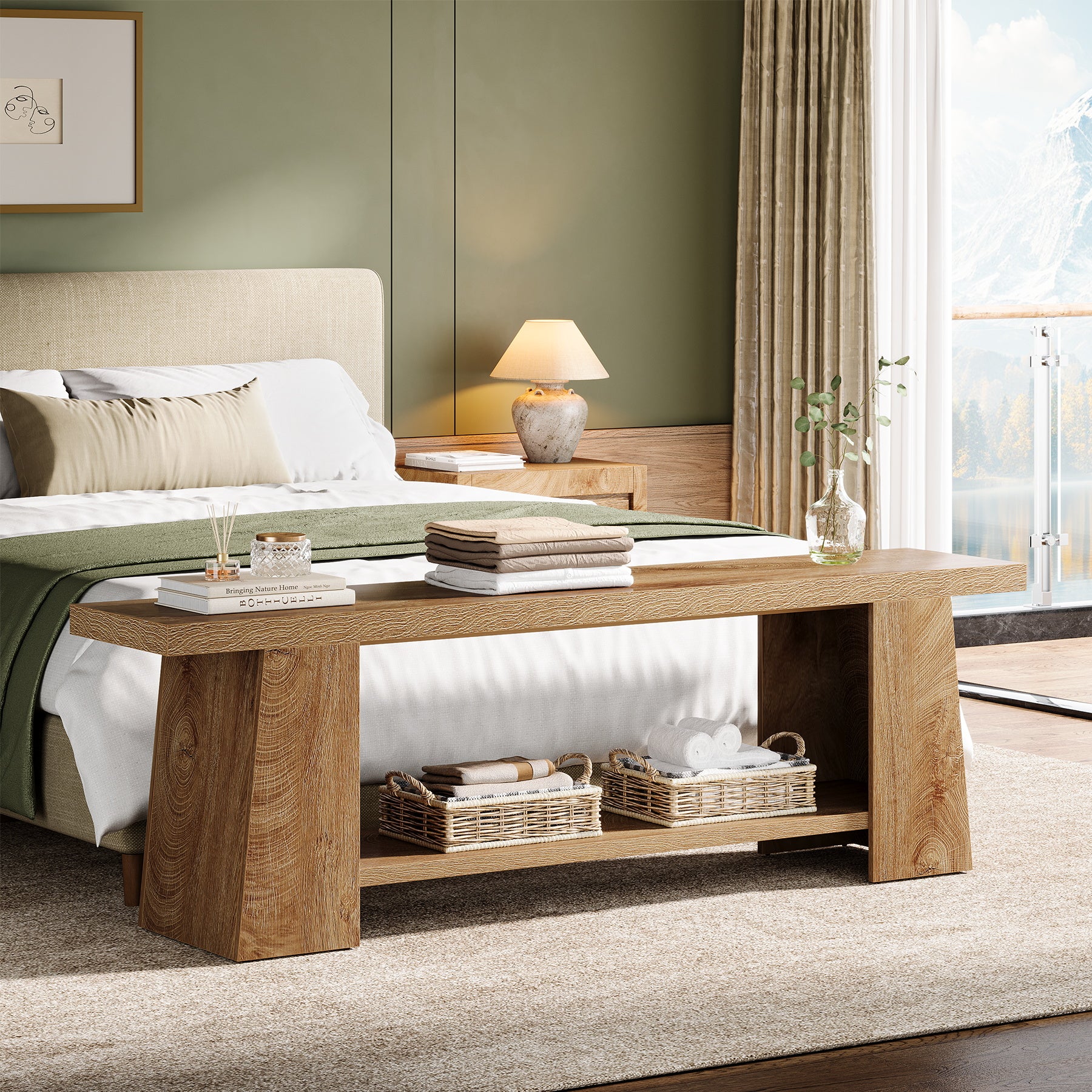 2-Tier Entryway Bench, 59" Shoe Bench End of Bed Bench with Storage Shelves - Image 4