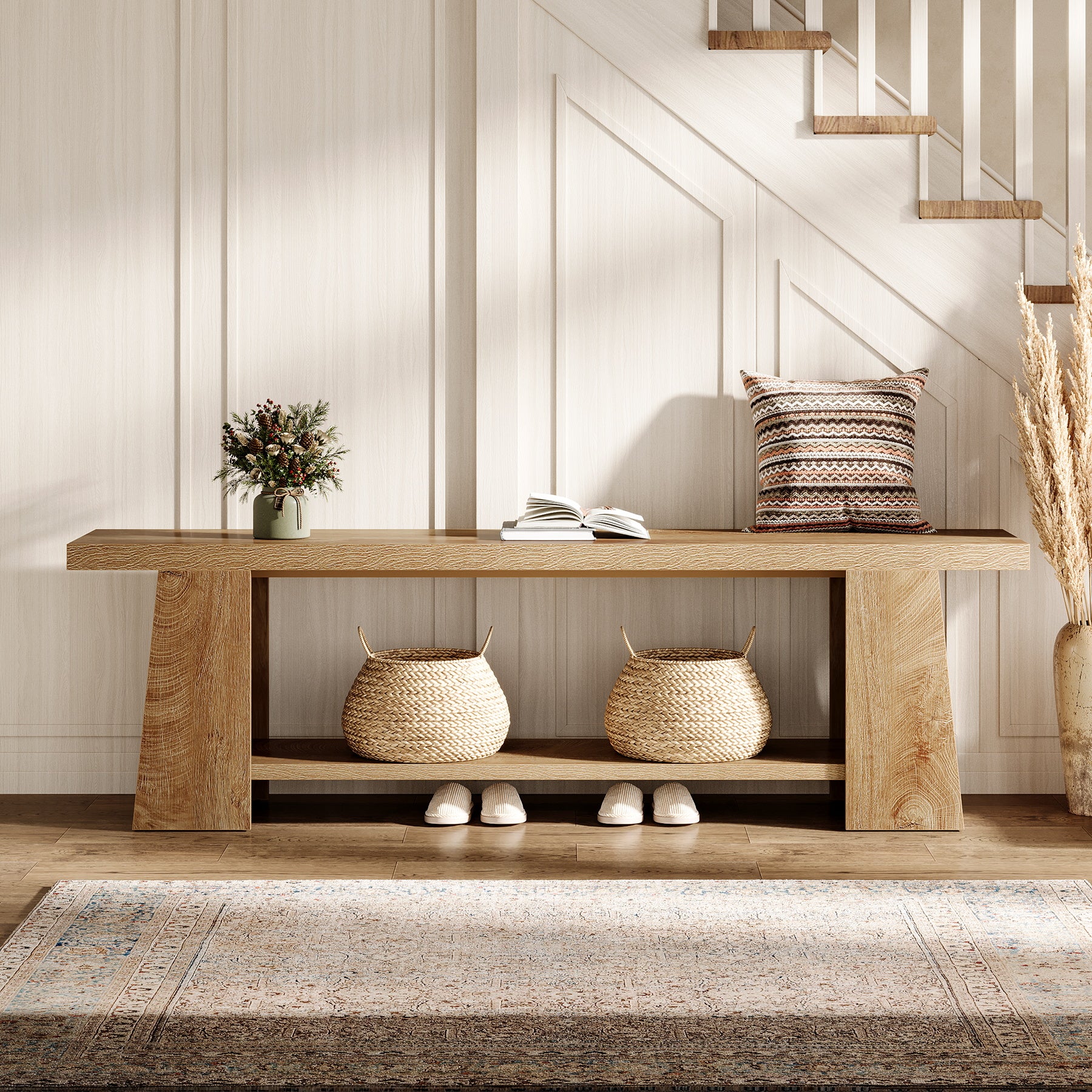 2-Tier Entryway Bench, 59" Shoe Bench End of Bed Bench with Storage Shelves - Image 5