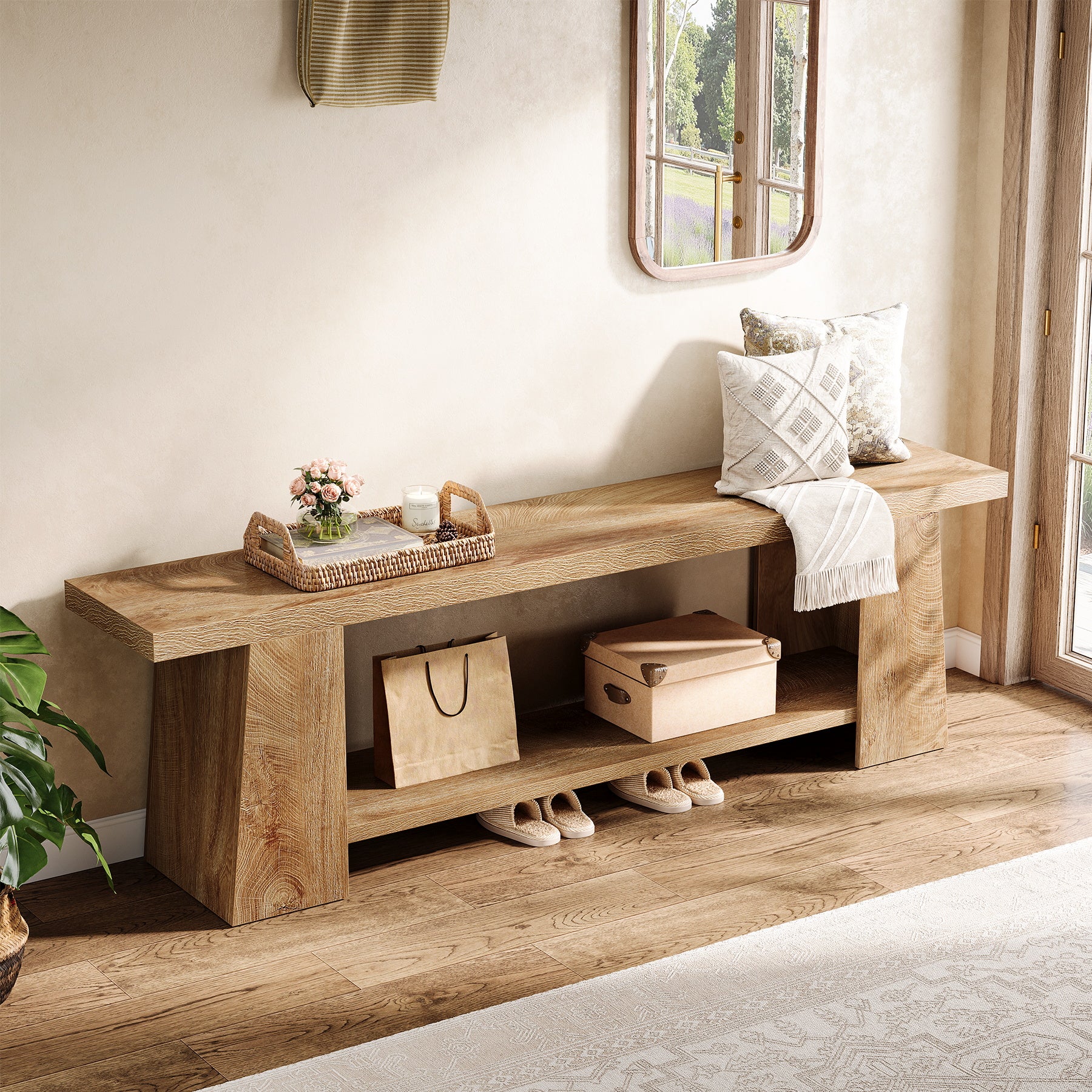 2-Tier Entryway Bench, 59" Shoe Bench End of Bed Bench with Storage Shelves - Image 6