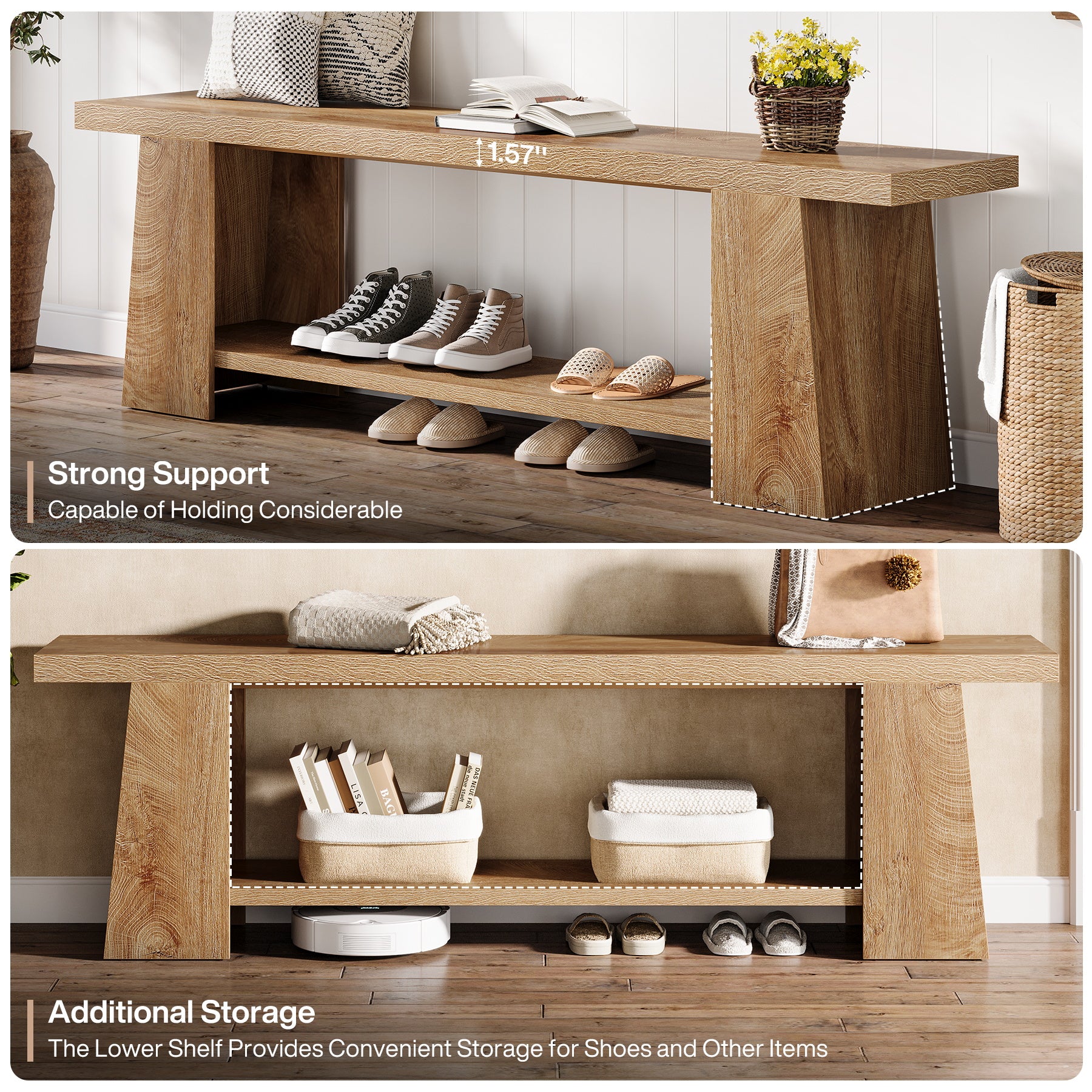 2-Tier Entryway Bench, 59" Shoe Bench End of Bed Bench with Storage Shelves - Image 8