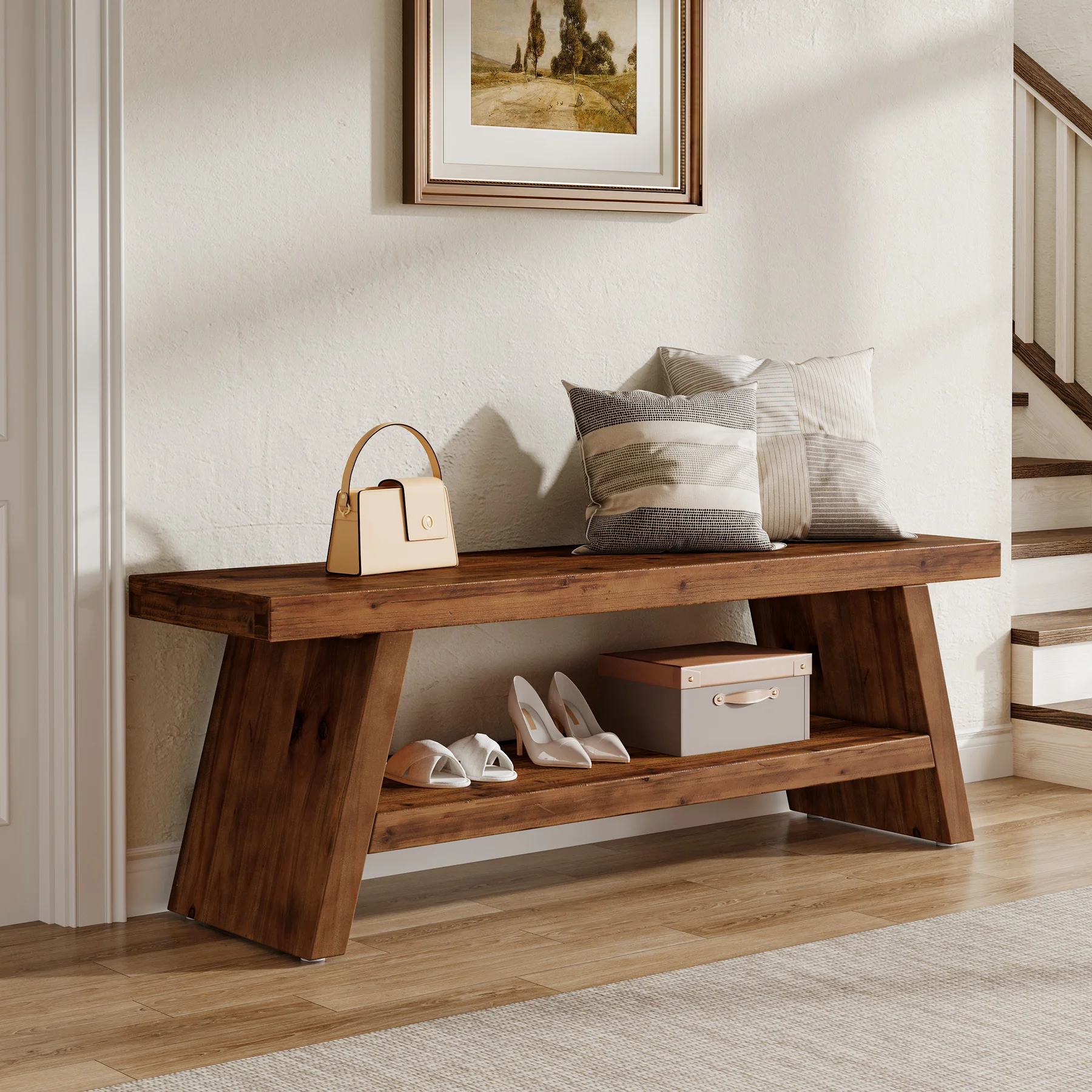 2-Tier Entryway Bench, Solid Wood Shoe Bench with Open Shelves - Image 3