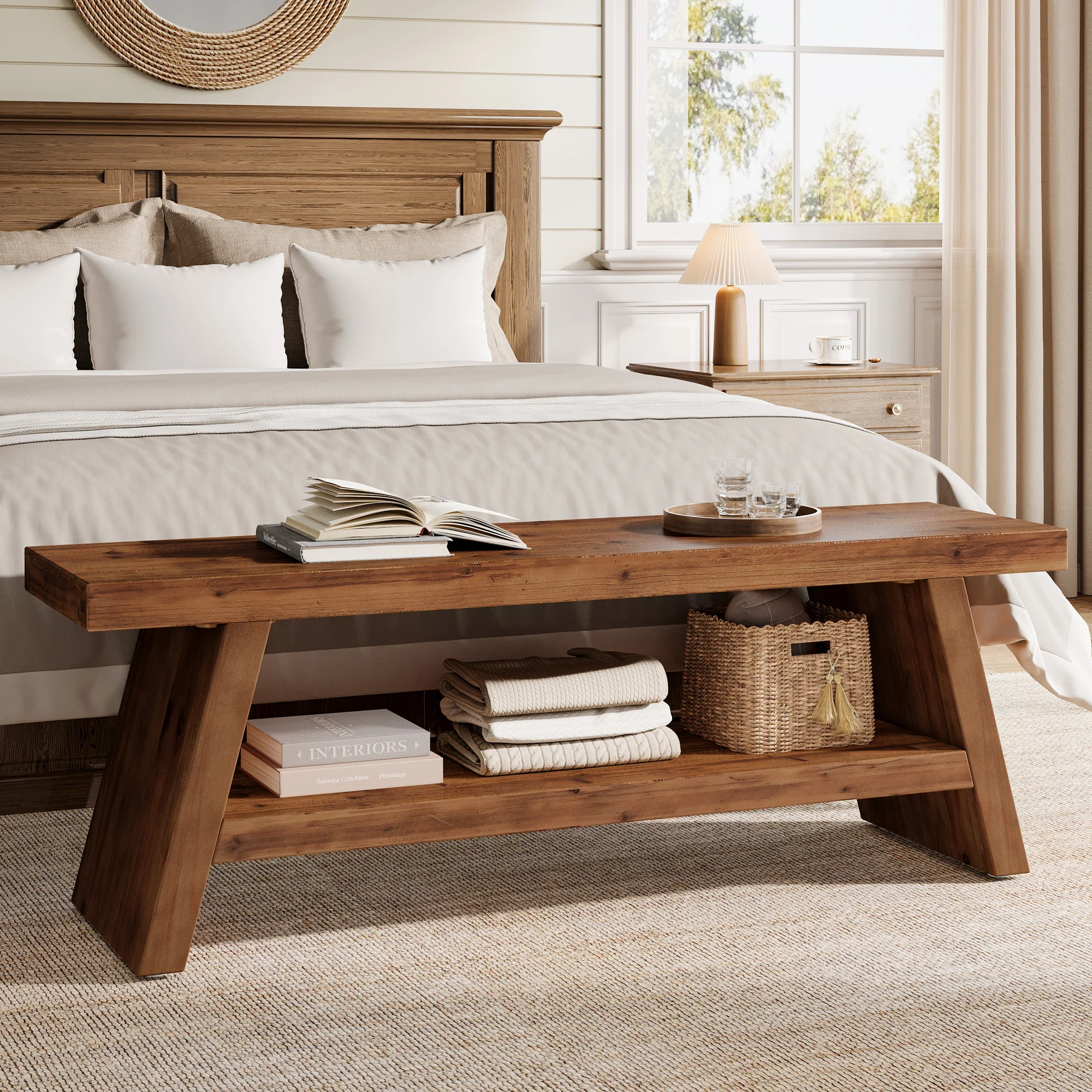 2-Tier Entryway Bench, Solid Wood Shoe Bench with Open Shelves - Image 4