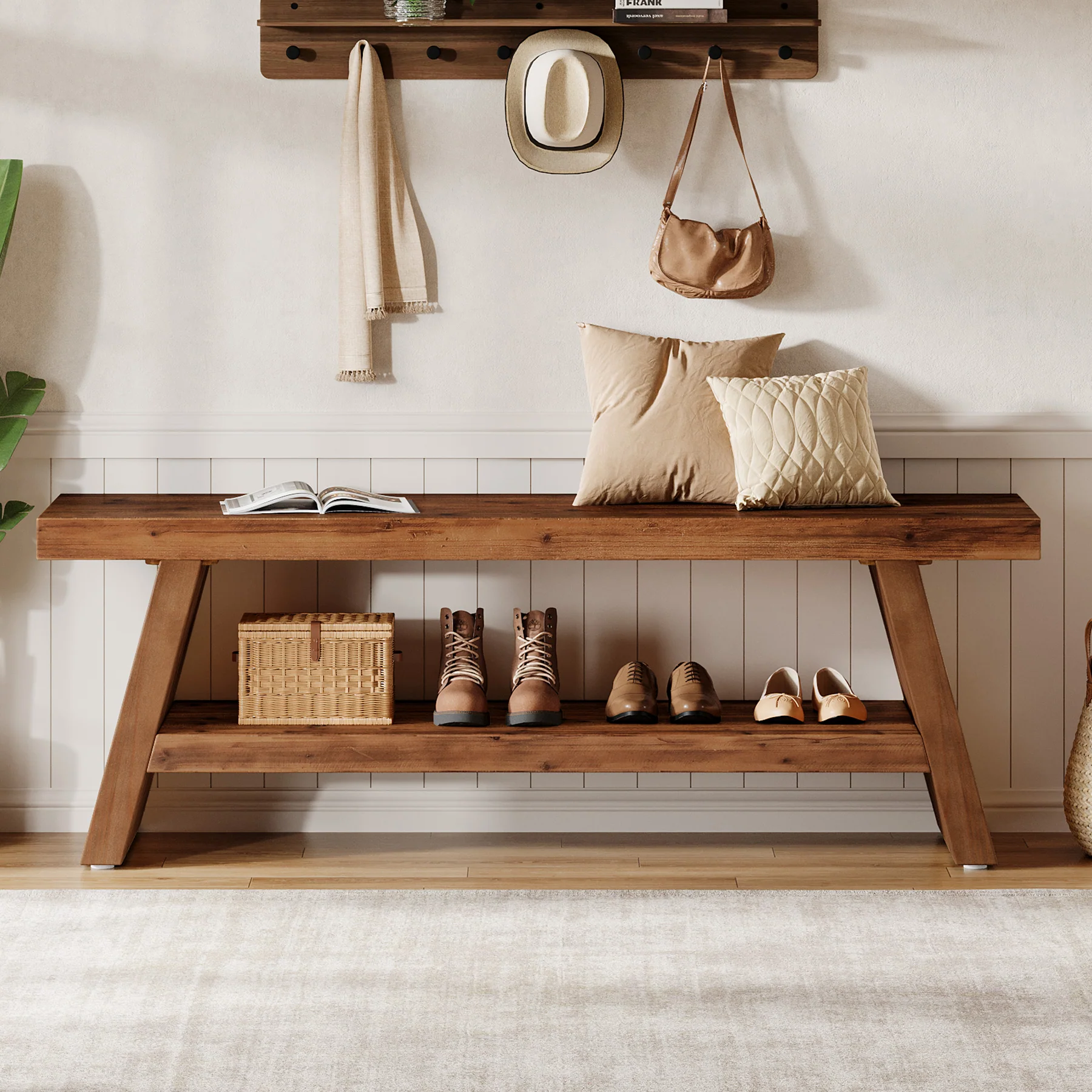 2-Tier Entryway Bench, Solid Wood Shoe Bench with Open Shelves - Image 5