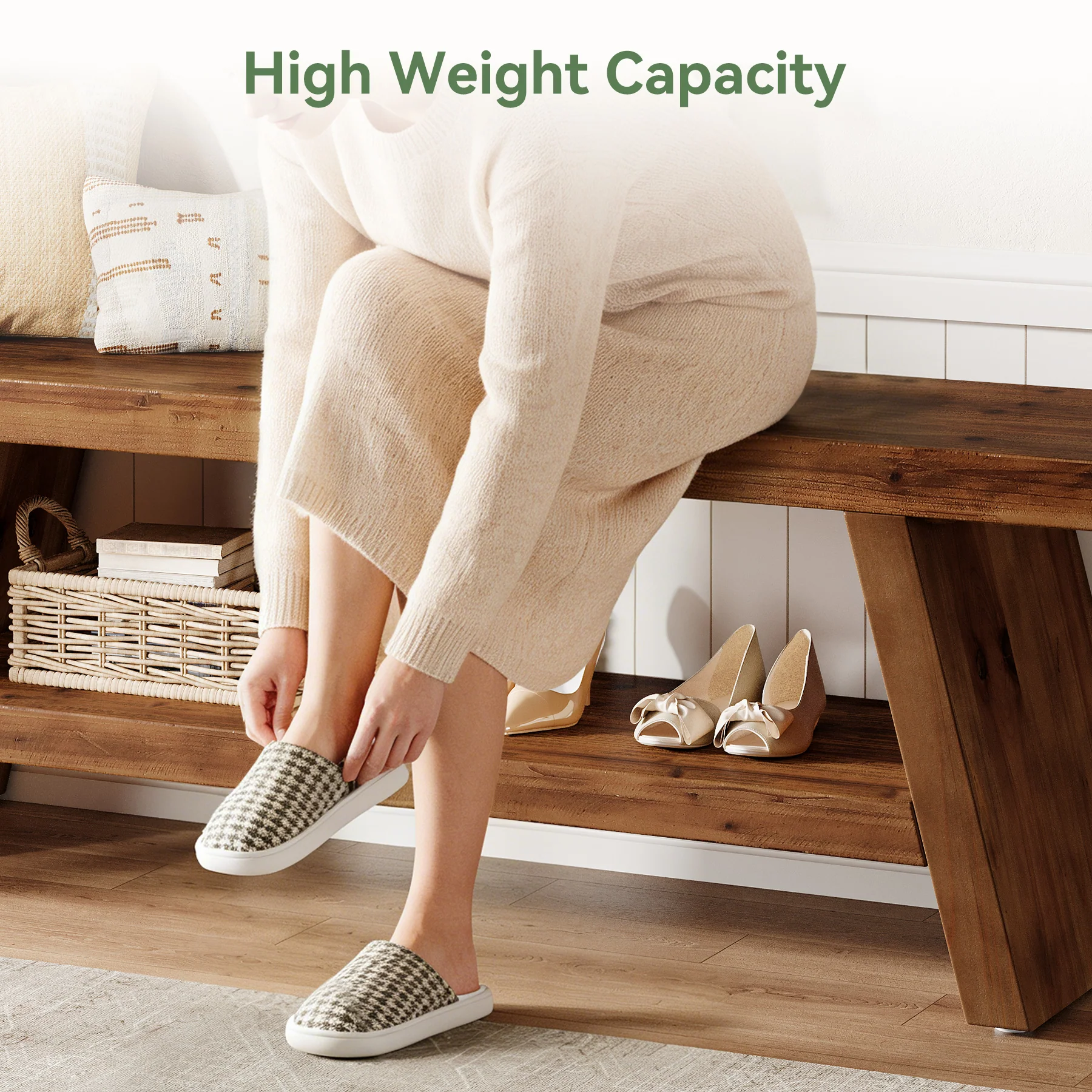 2-Tier Entryway Bench, Solid Wood Shoe Bench with Open Shelves - Image 6