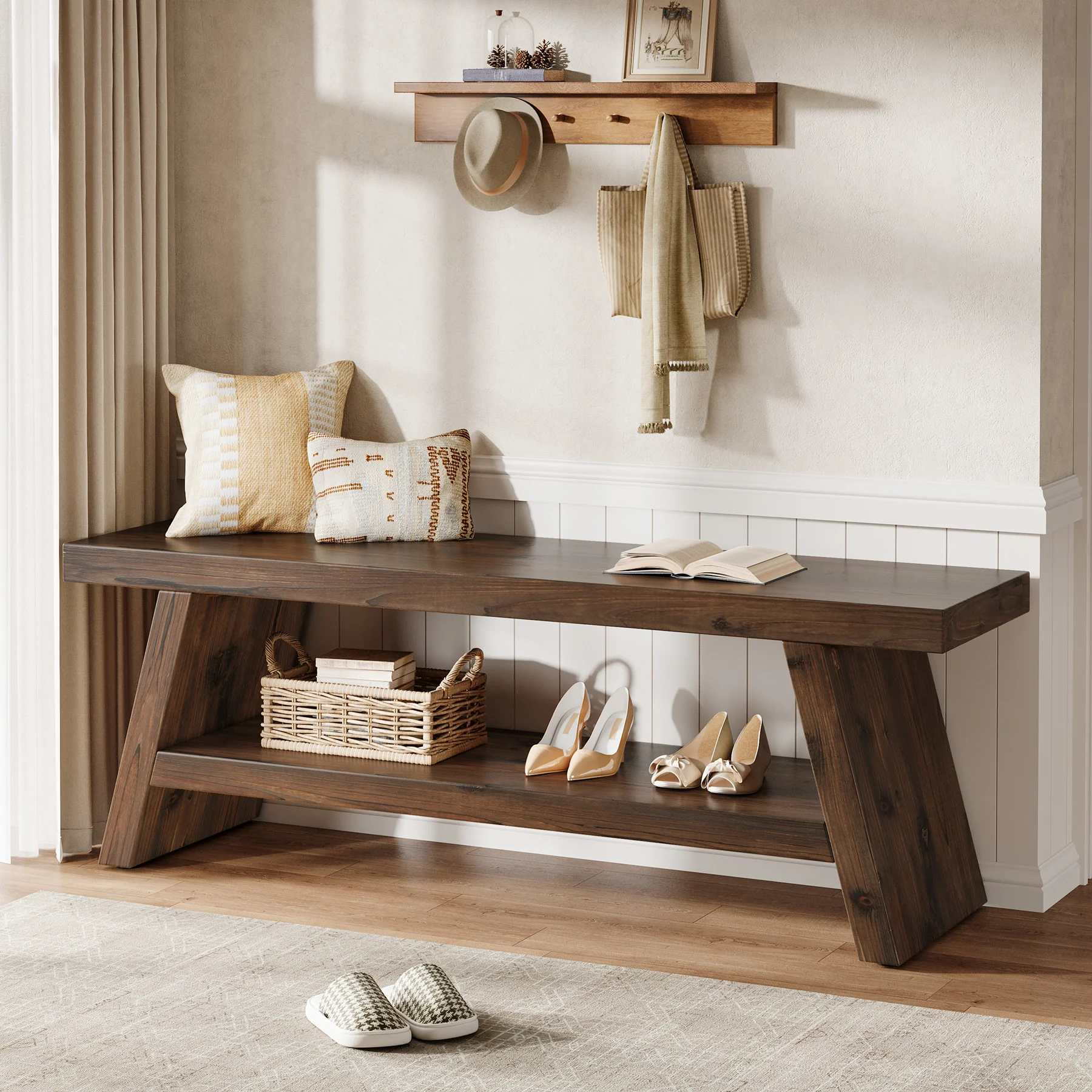 2-Tier Entryway Bench, Solid Wood Shoe Bench with Open Shelves - Image 8