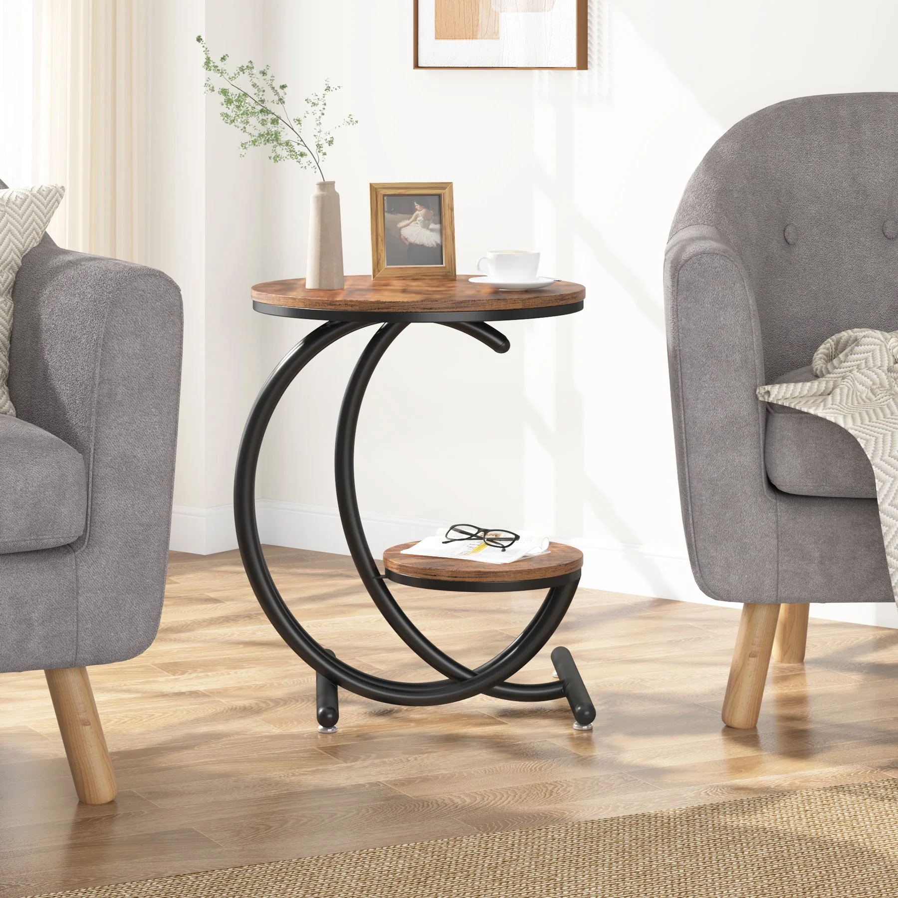 2-Tier End Table, Small Accent Side Table with C-Shaped Frame - Image 3