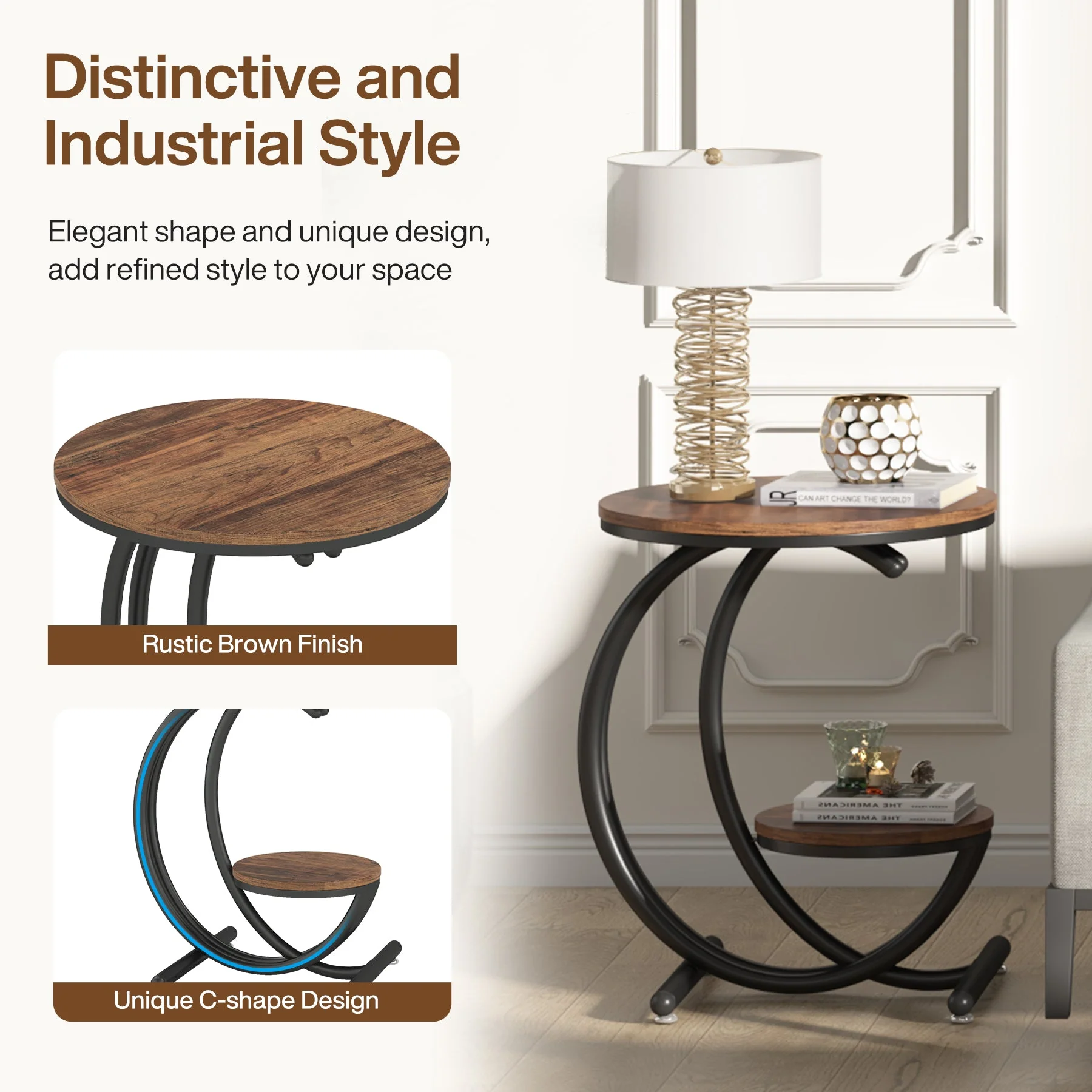 2-Tier End Table, Small Accent Side Table with C-Shaped Frame - Image 7