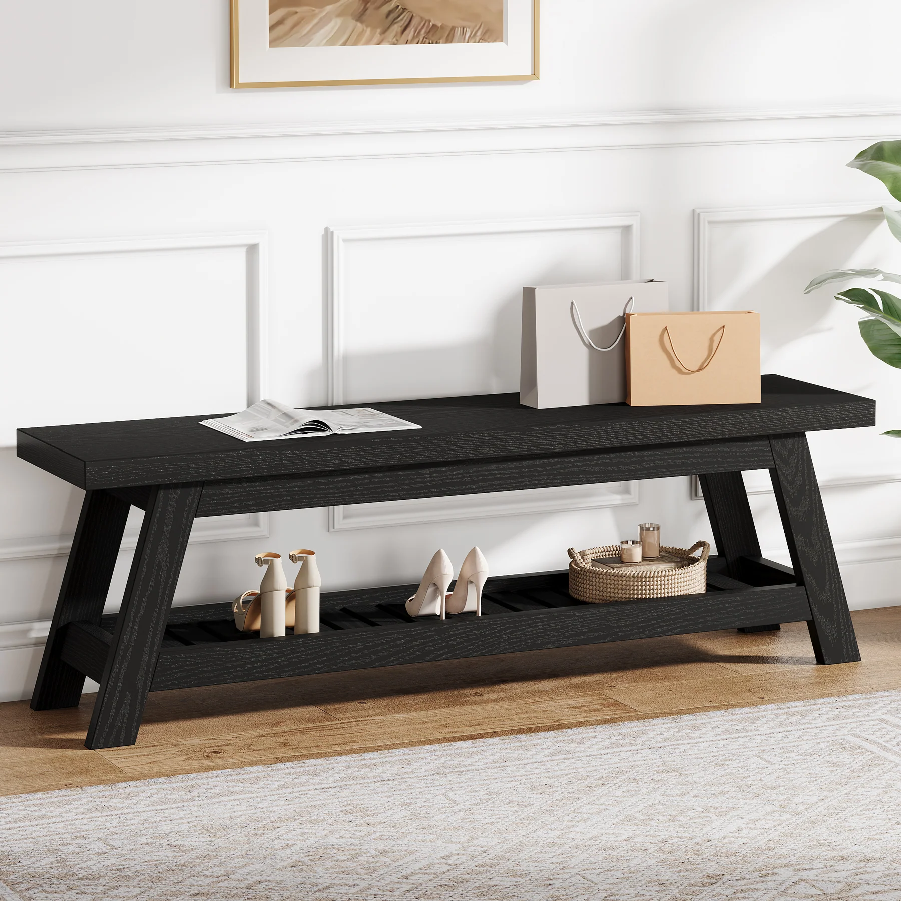 55" Entryway Bench, 2-Tier Foyer Seating Bench with Shoe Storage - Image 12