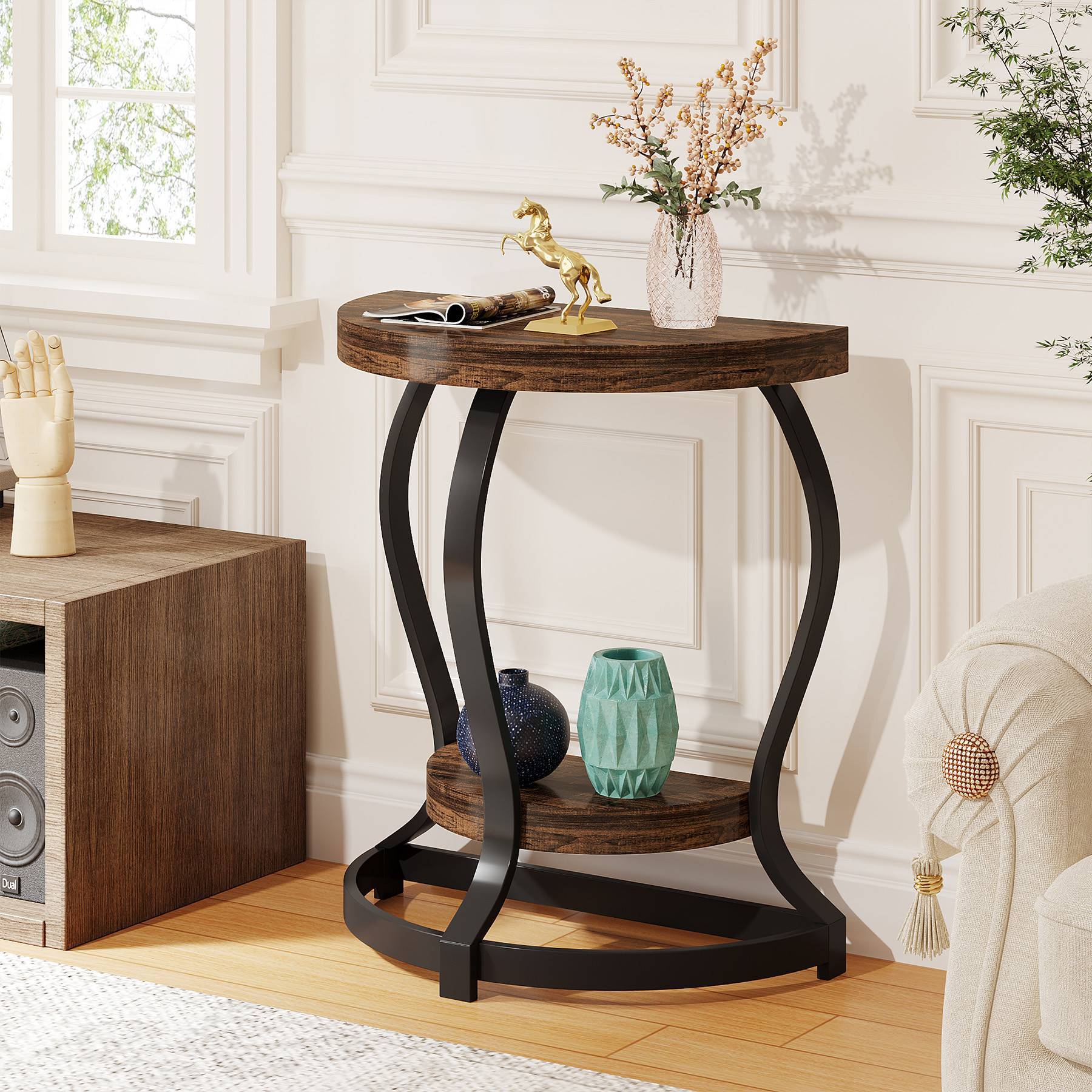 Half-Round End Table, Side Table with 2-Tier Shelves - Image 3