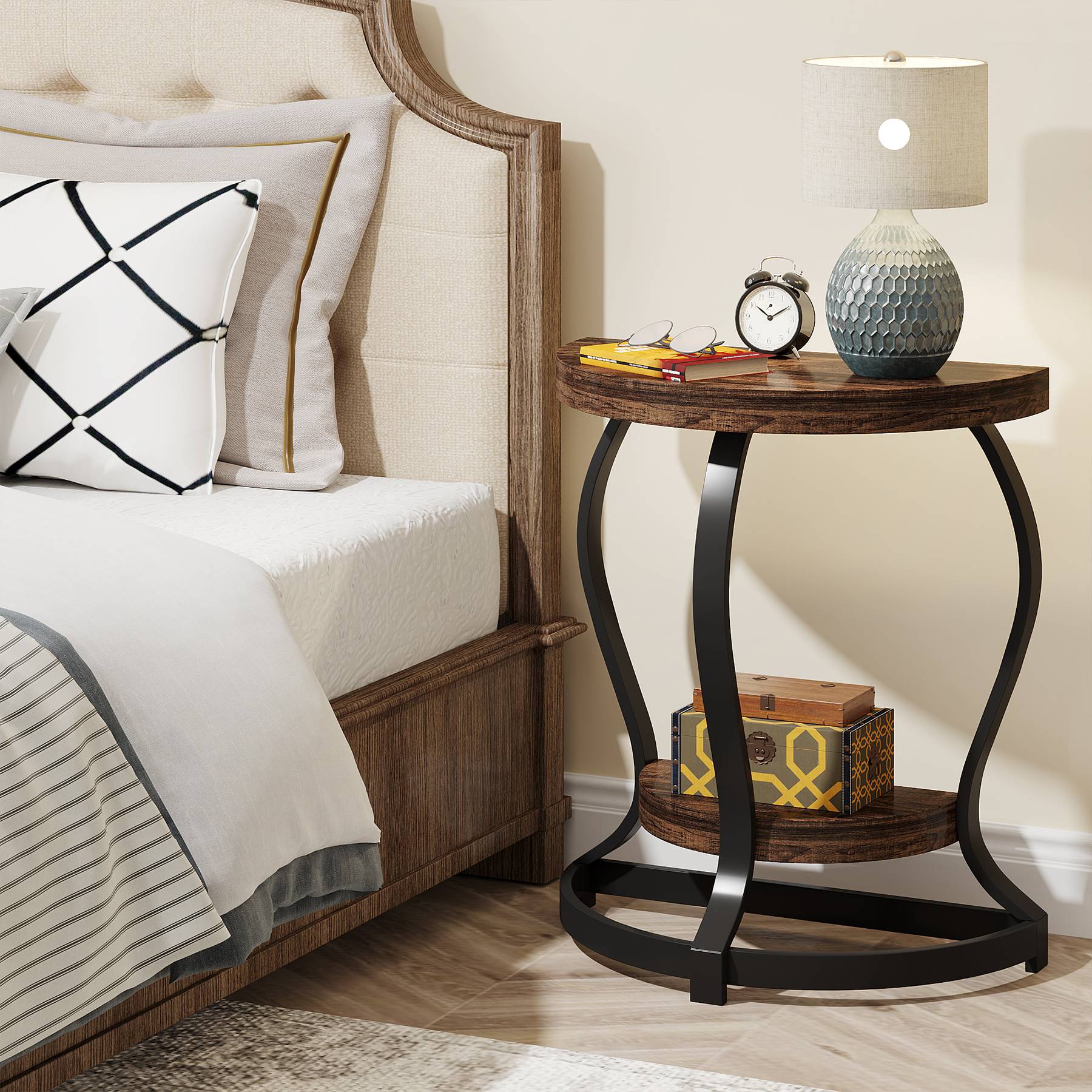 Half-Round End Table, Side Table with 2-Tier Shelves - Image 4