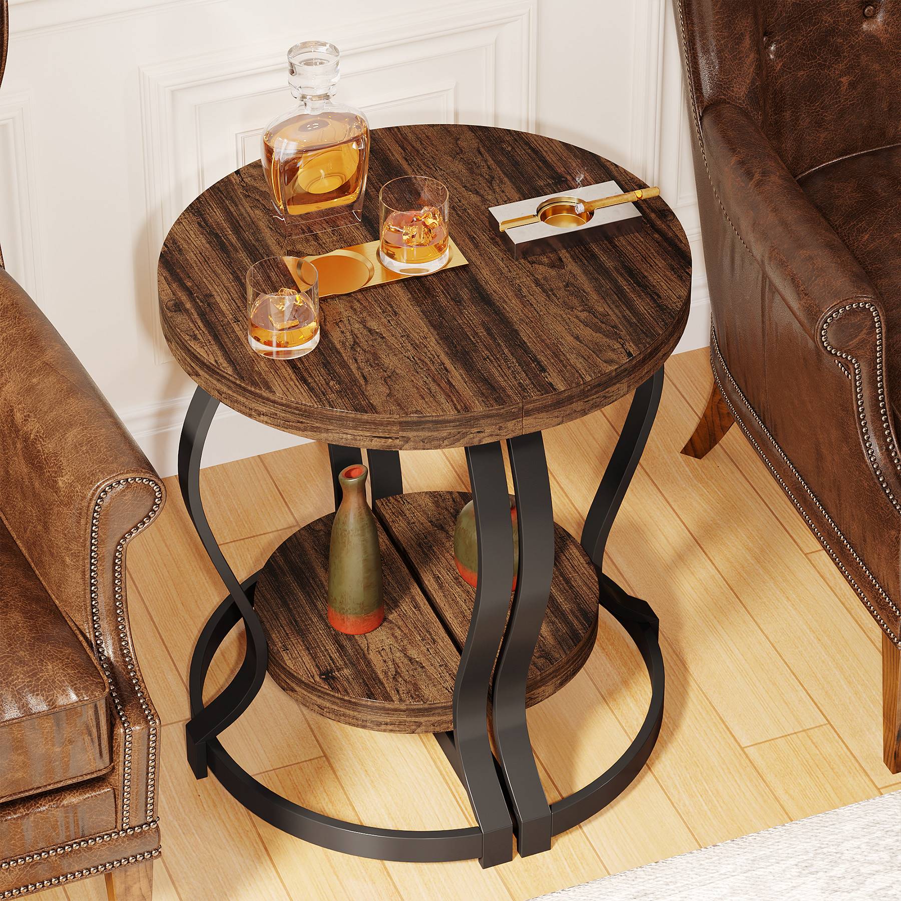 Half-Round End Table, Side Table with 2-Tier Shelves - Image 5