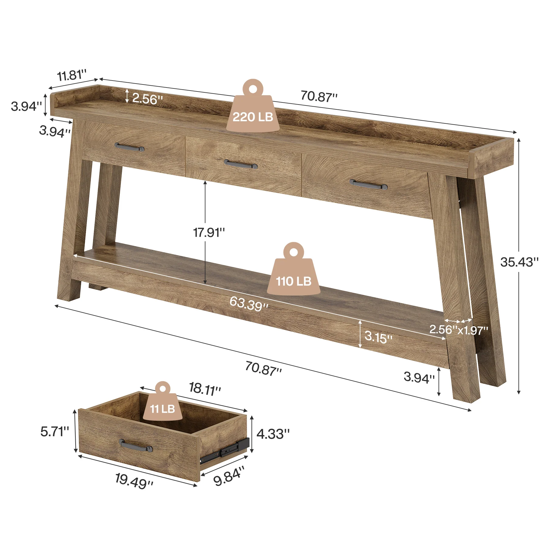 70.9" Console Table, 2-Tier Long Sofa Entryway Table with 3 Drawers and Raised Baffle - Image 2