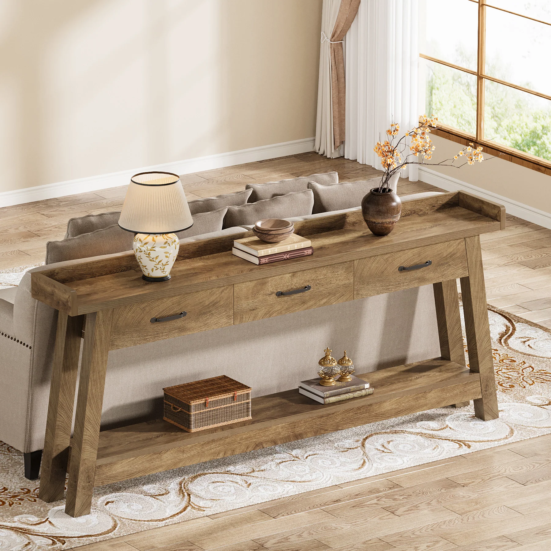 70.9" Console Table, 2-Tier Long Sofa Entryway Table with 3 Drawers and Raised Baffle - Image 6