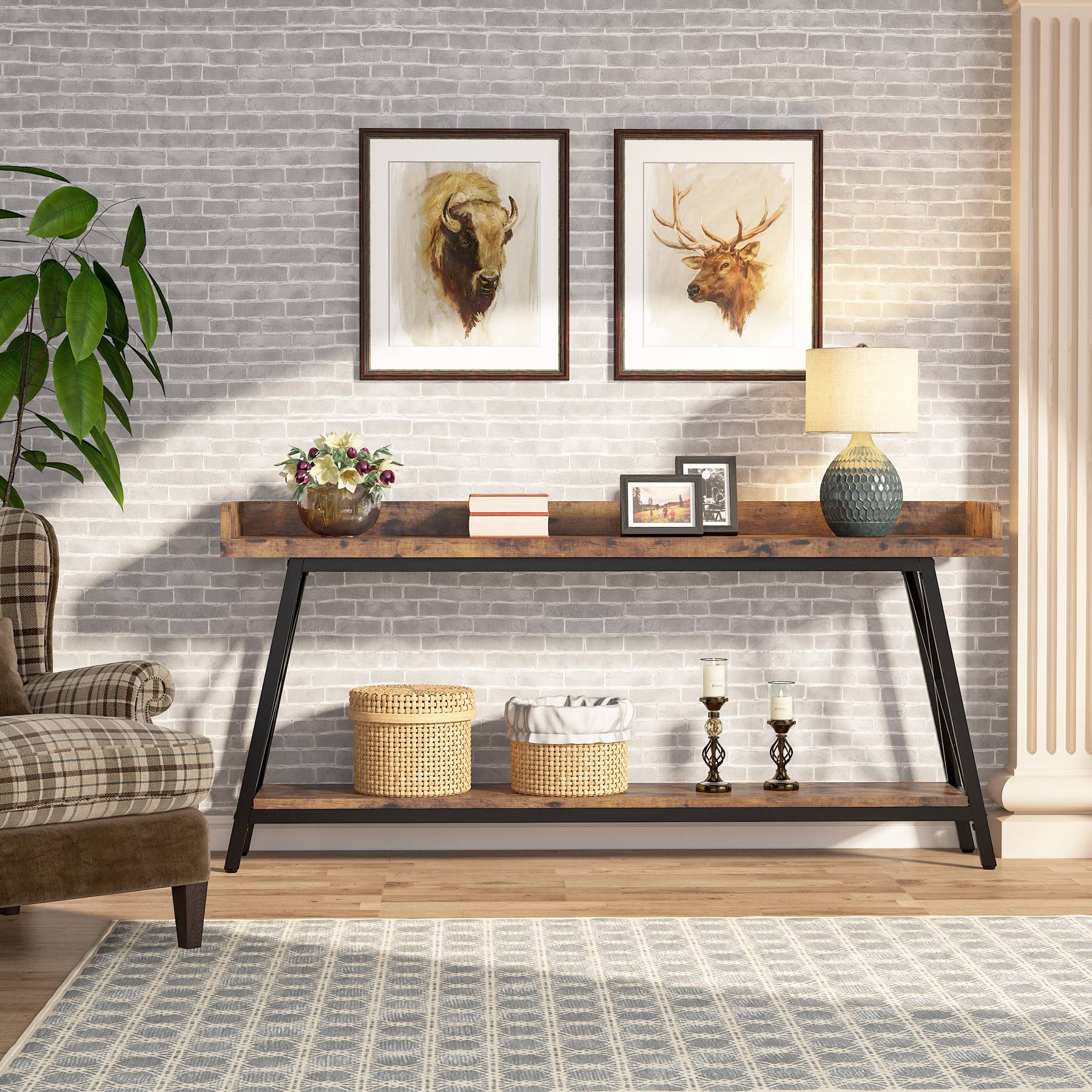 Industrial Console Table, 2-Tier Narrow Sofa Table Behind Couch - Image 4