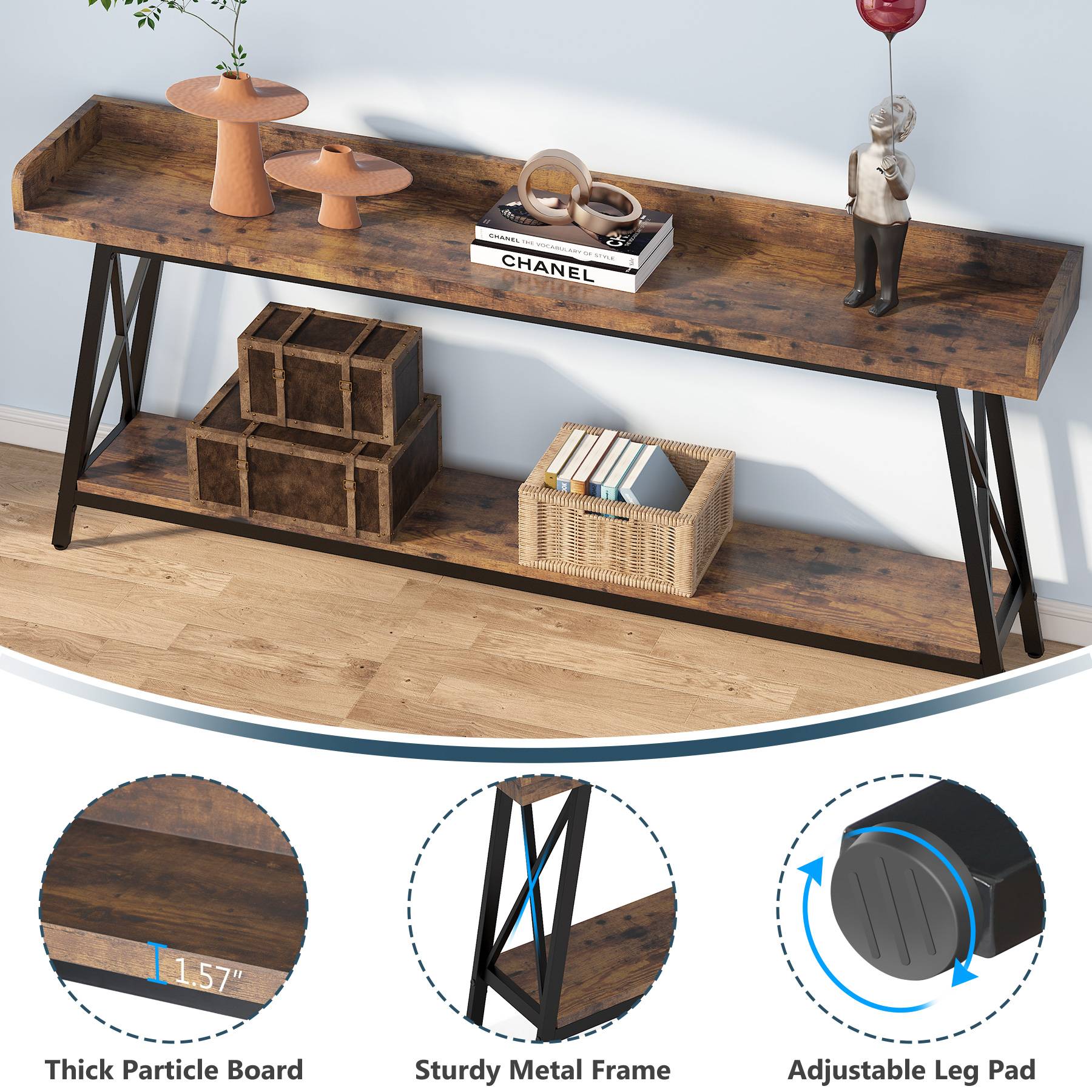 Industrial Console Table, 2-Tier Narrow Sofa Table Behind Couch - Image 7