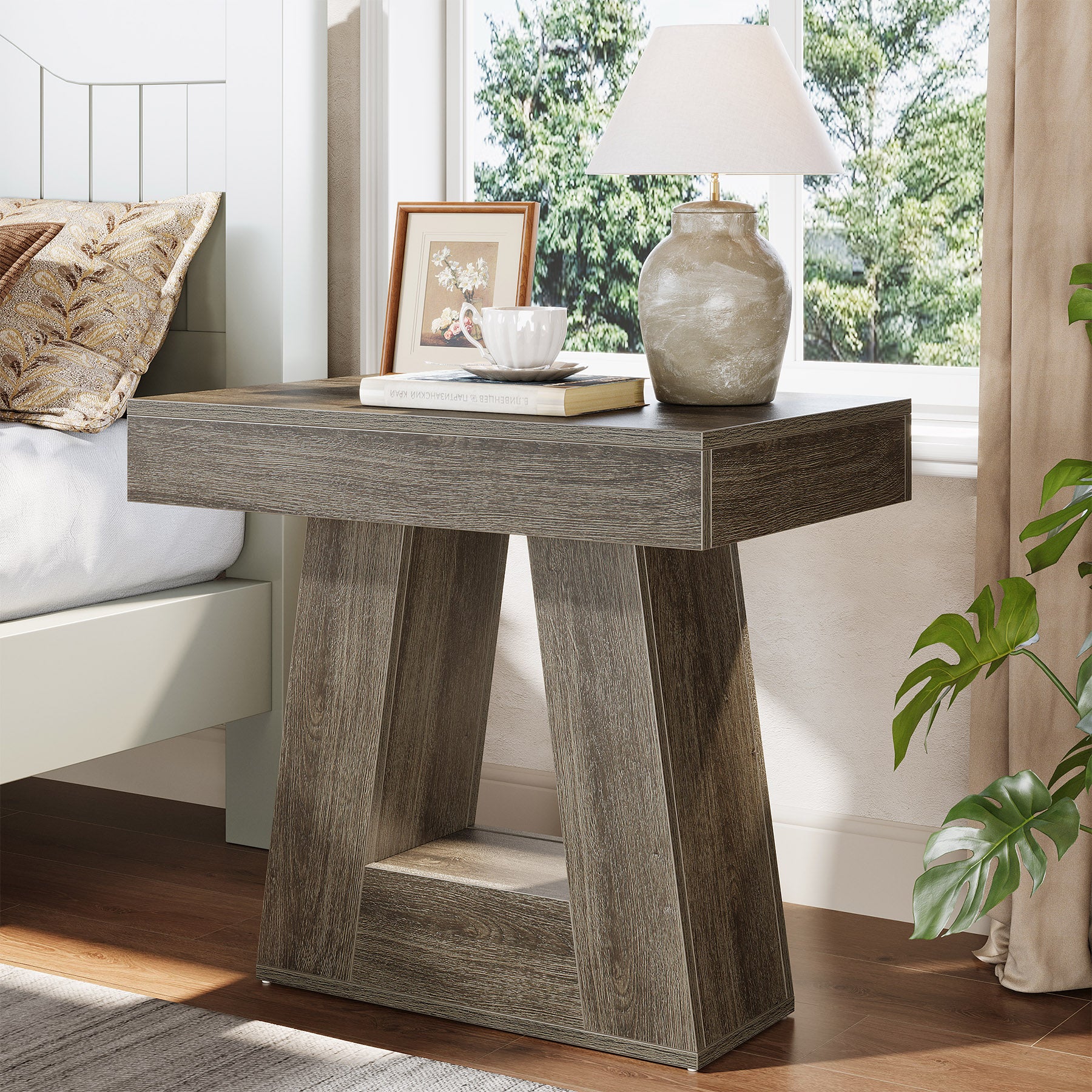 2-Tier Nightstand, Narrow Bedside Table with Trapezoid Base for Bedroom - Image 10