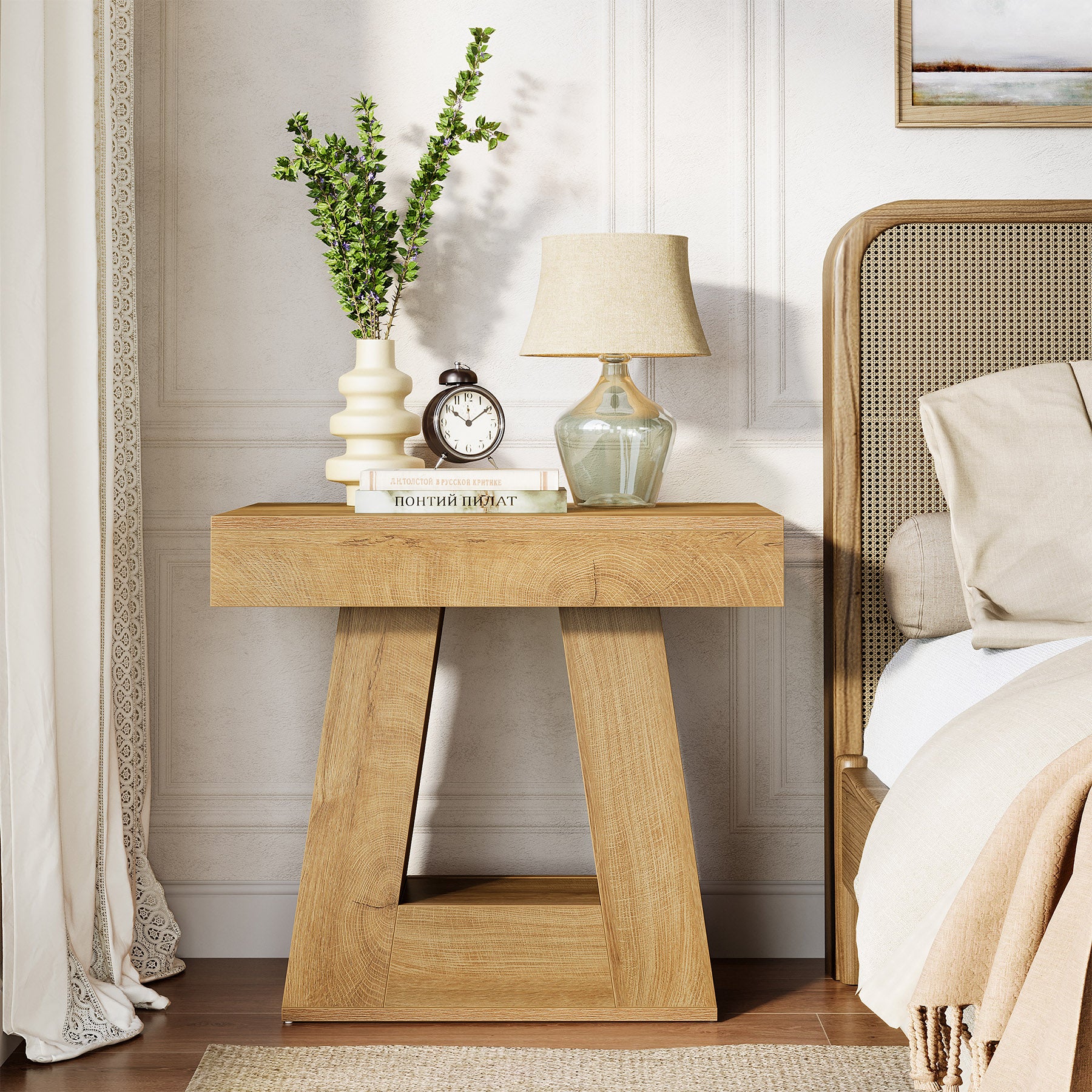 2-Tier Nightstand, Narrow Bedside Table with Trapezoid Base for Bedroom - Image 3
