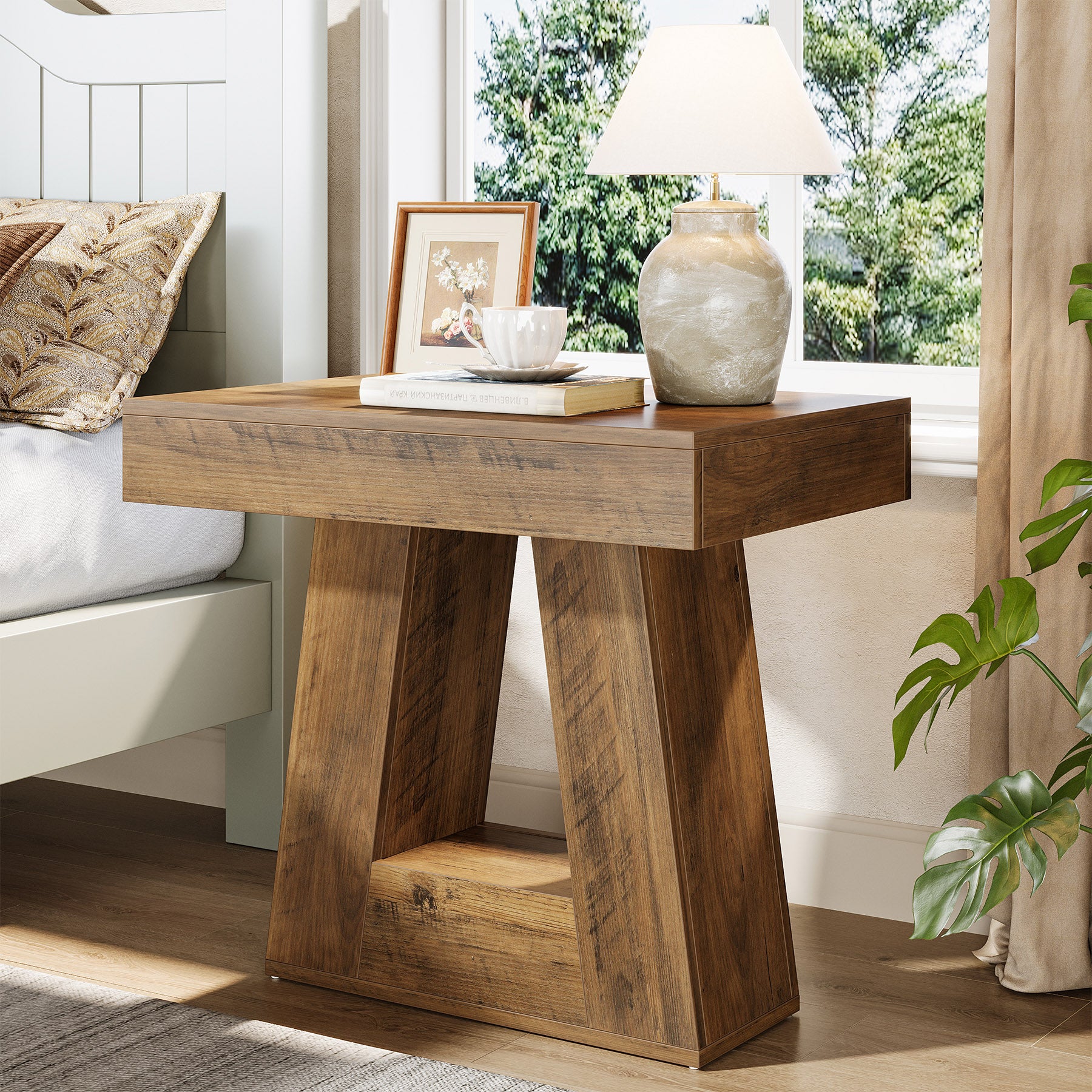 2-Tier Nightstand, Narrow Bedside Table with Trapezoid Base for Bedroom - Image 8