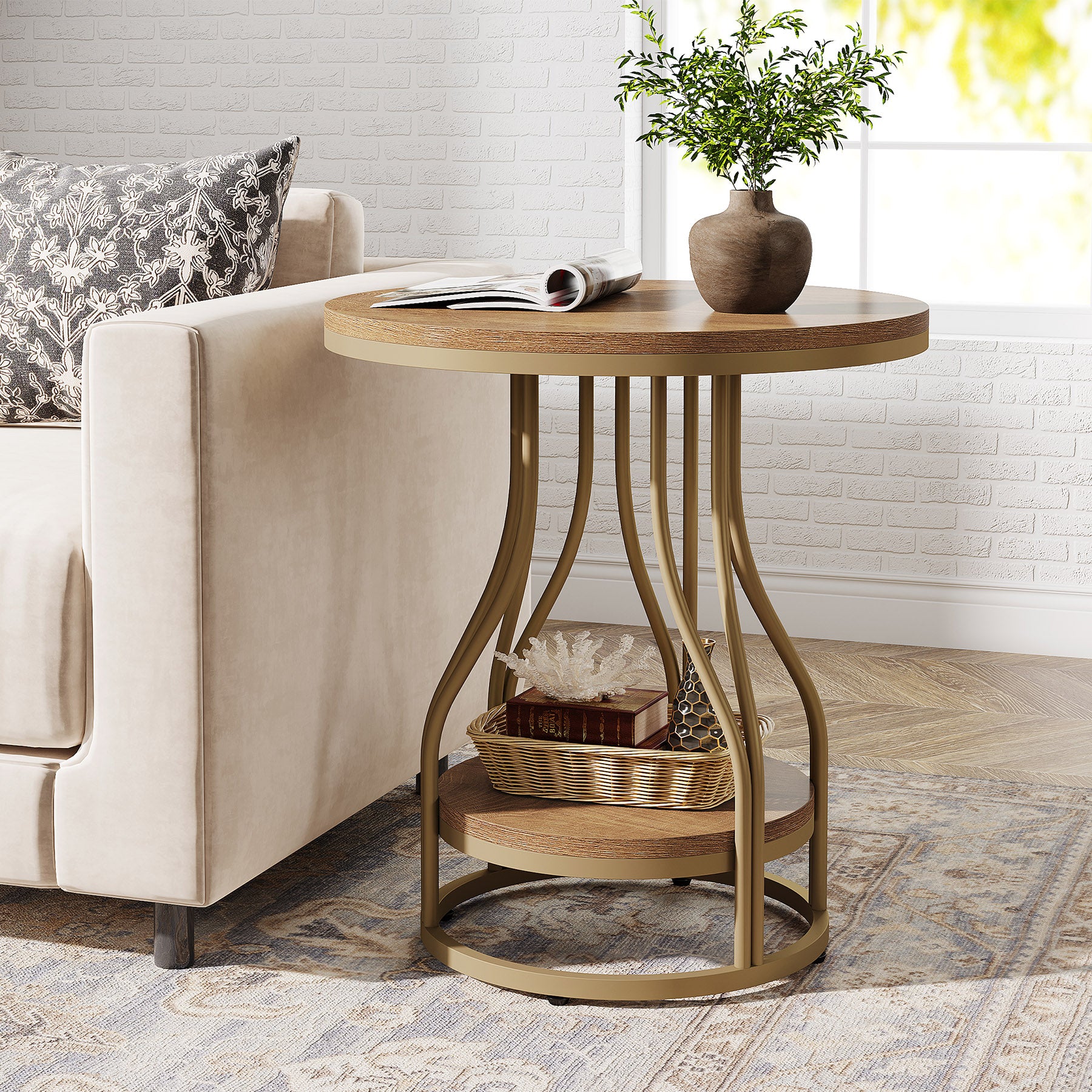 2-Tier End Table, Round Sofa Side Table with Metal Frame - Image 10