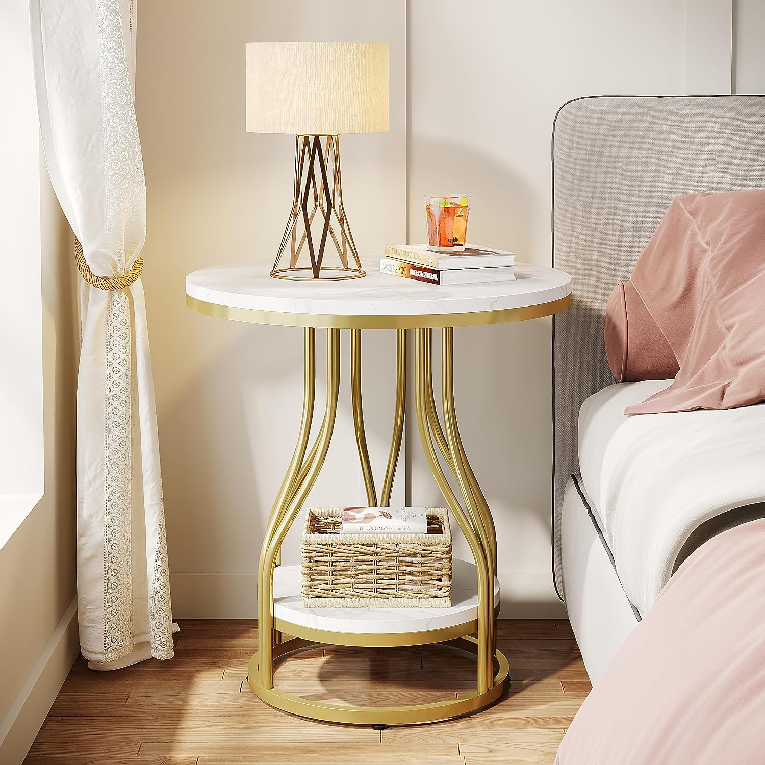 2-Tier End Table, Round Sofa Side Table with Metal Frame - Image 4