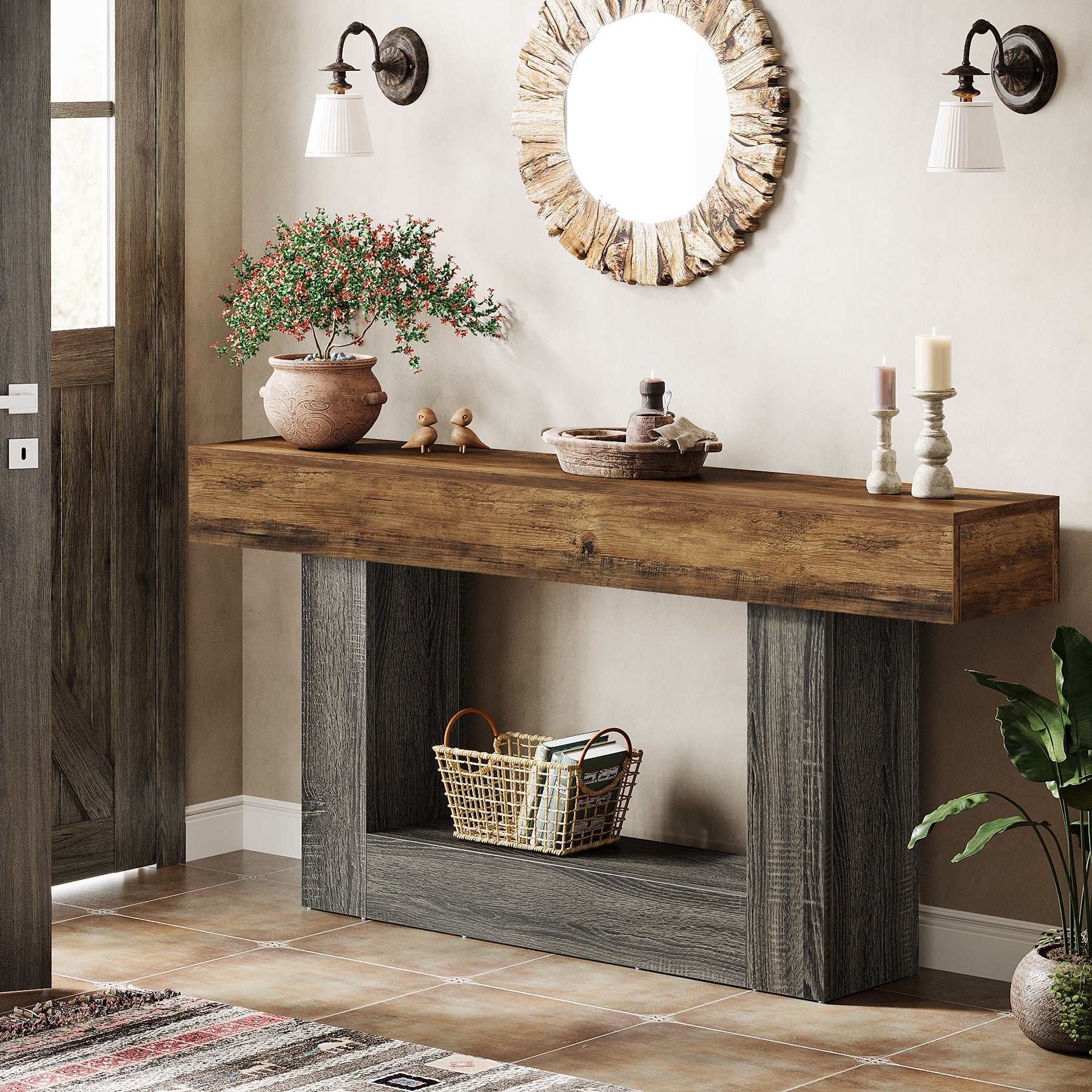 63" Wooden Console Table, Farmhouse 2-Tier Sofa Table Entryway Table - Image 3