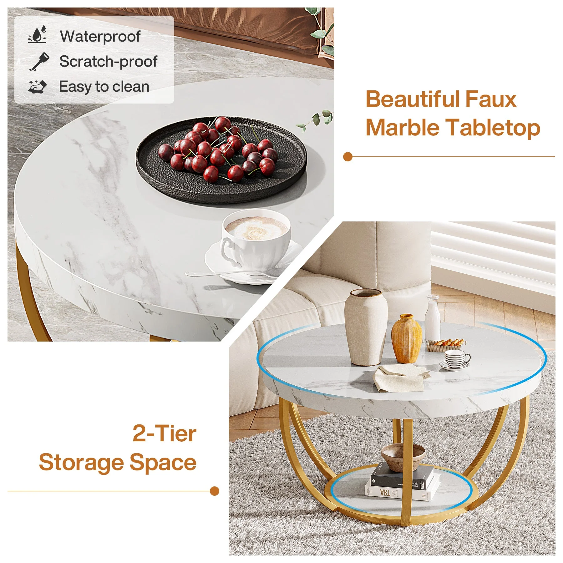 Wooden Coffee Table, 2-Tier Round Central Cocktail Table with Shelves - Image 10