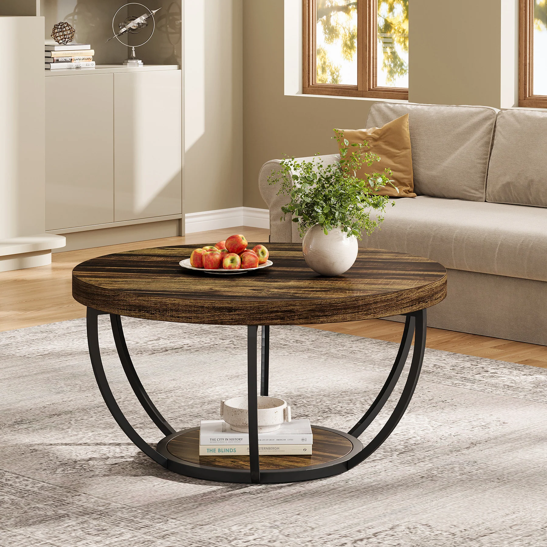Wooden Coffee Table, 2-Tier Round Central Cocktail Table with Shelves - Image 11
