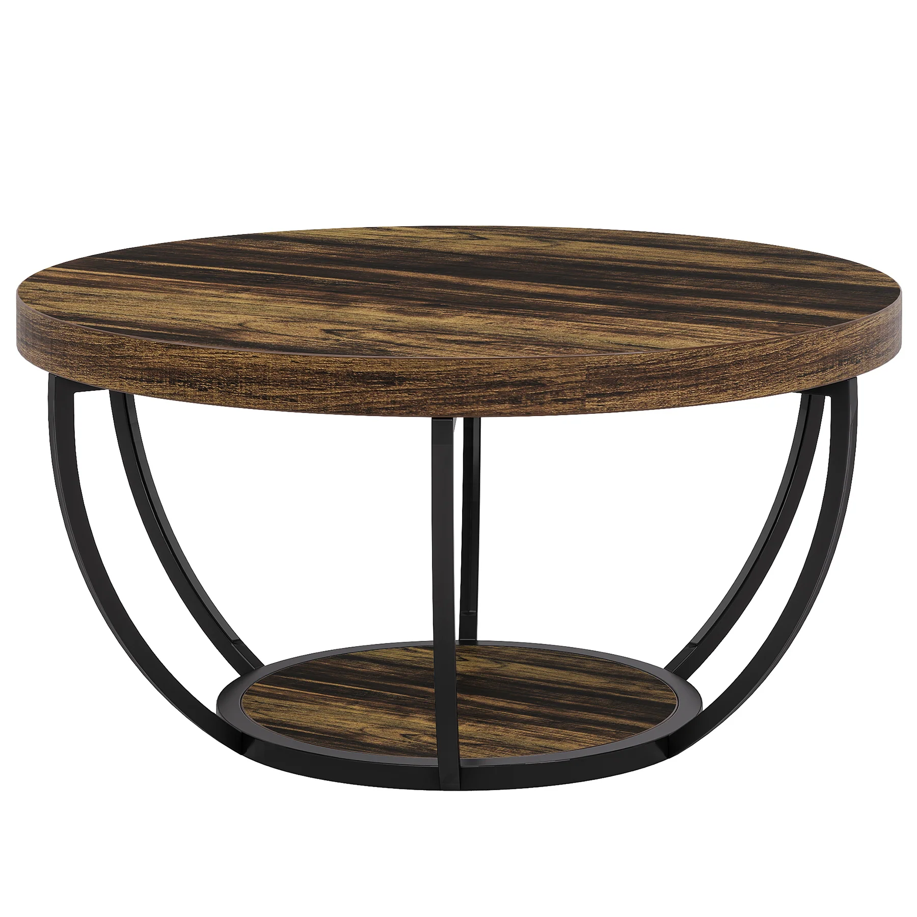 Wooden Coffee Table, 2-Tier Round Central Cocktail Table with Shelves - Image 12