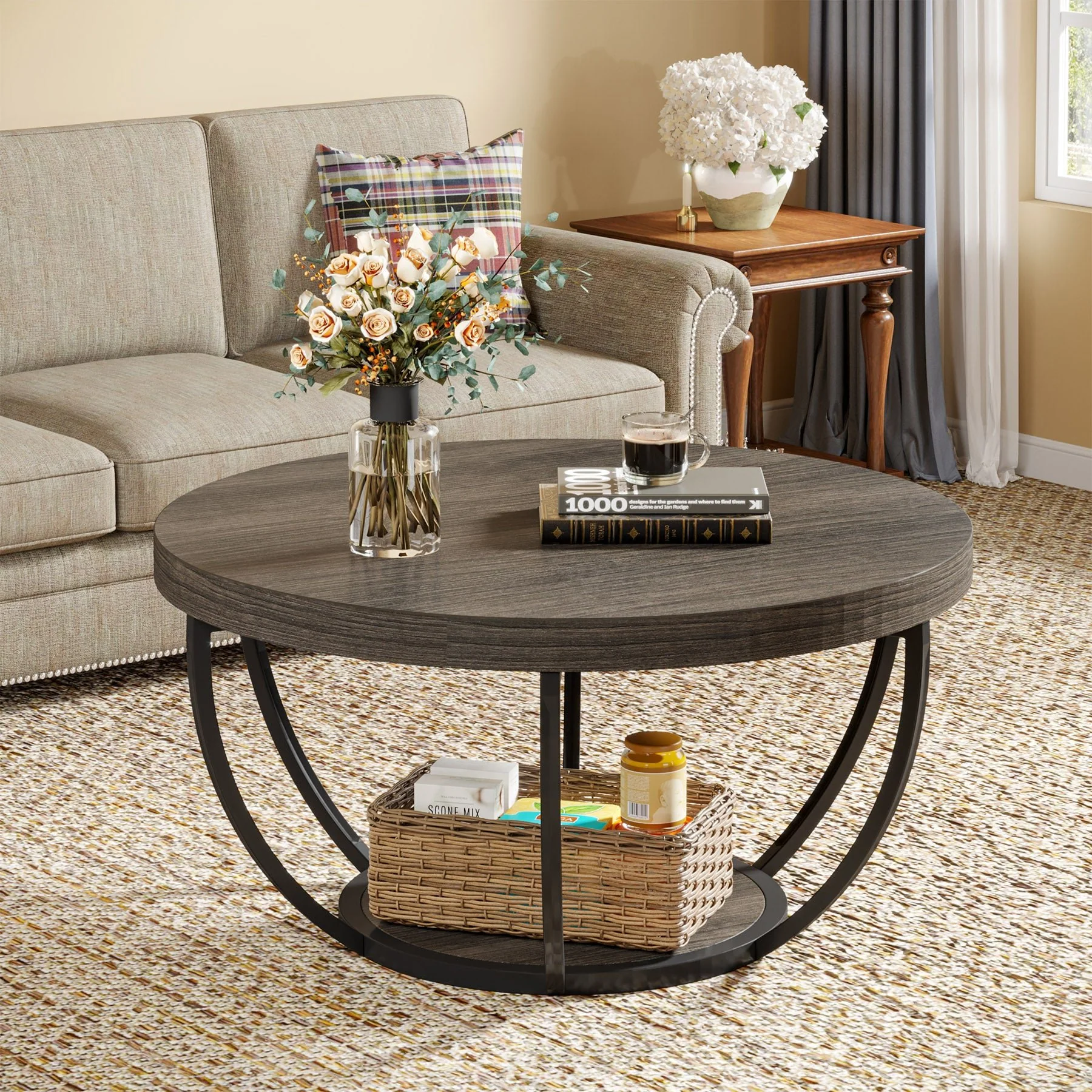 Wooden Coffee Table, 2-Tier Round Central Cocktail Table with Shelves - Image 13