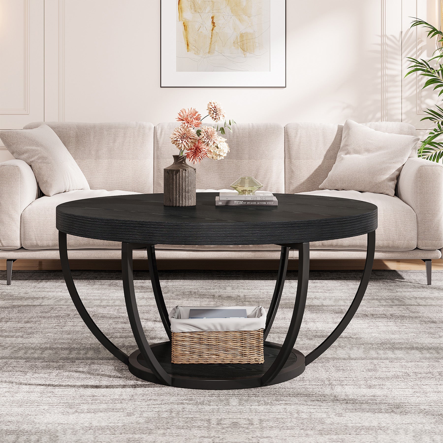 Wooden Coffee Table, 2-Tier Round Central Cocktail Table with Shelves - Image 15