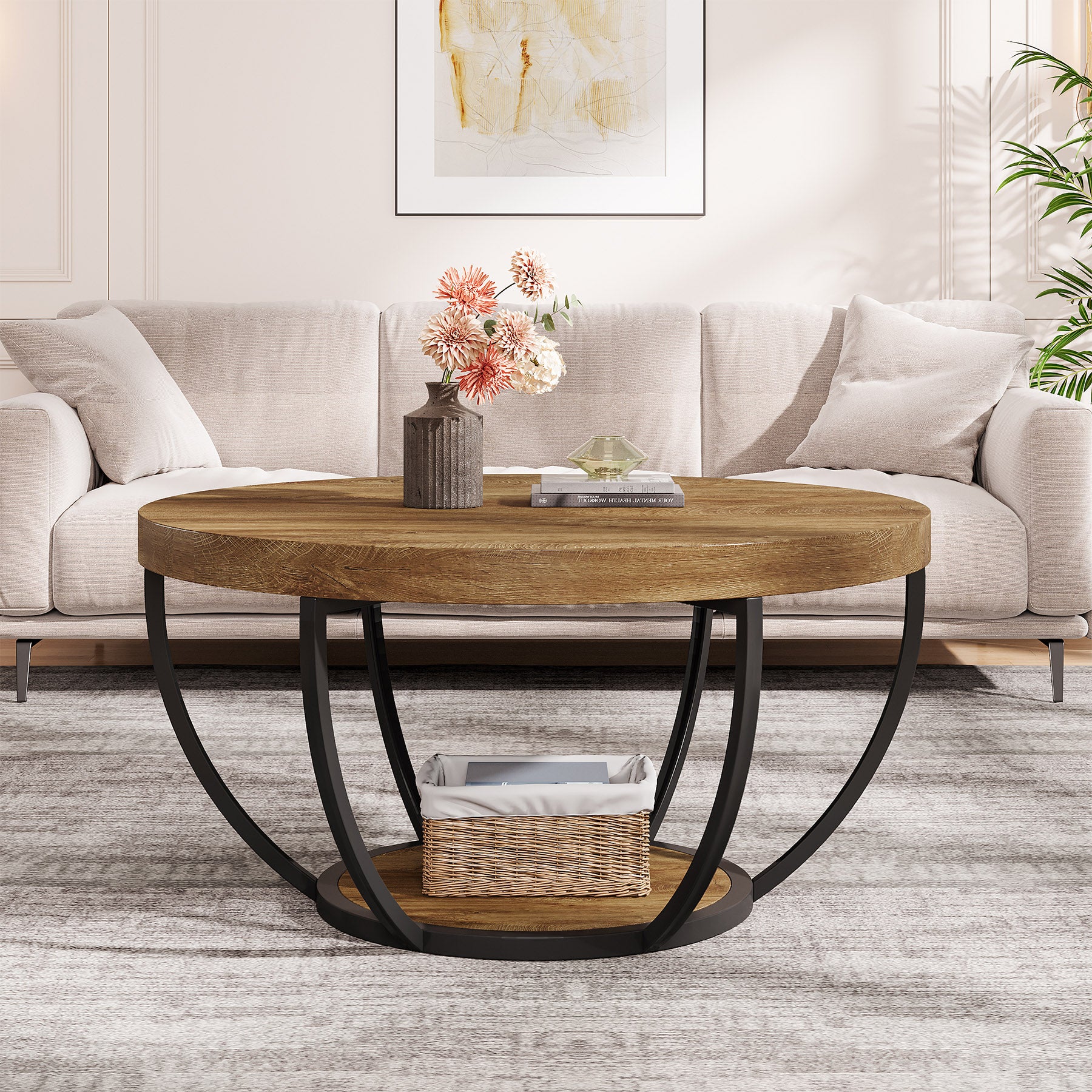 Wooden Coffee Table, 2-Tier Round Central Cocktail Table with Shelves - Image 17