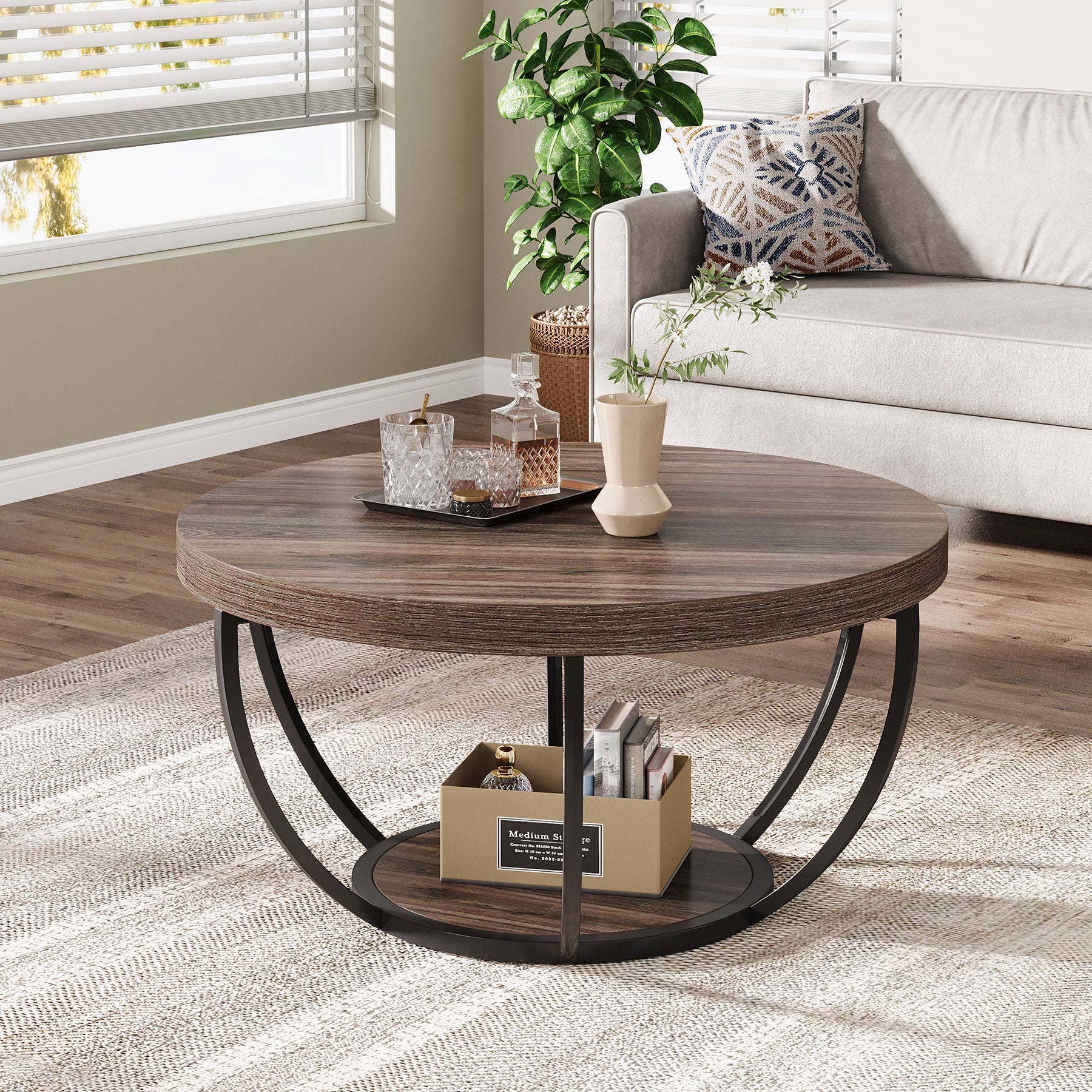 Wooden Coffee Table, 2-Tier Round Central Cocktail Table with Shelves - Image 19