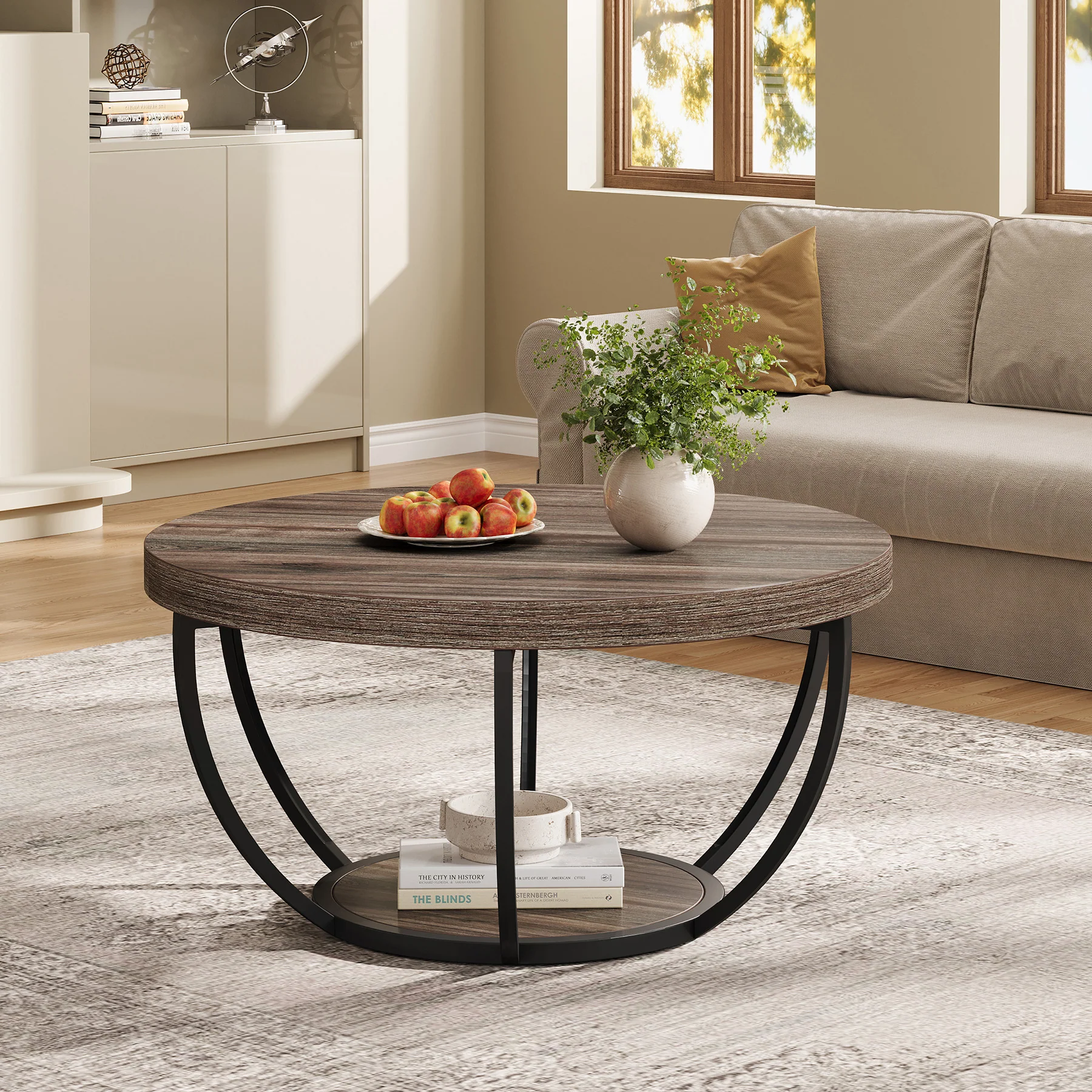 Wooden Coffee Table, 2-Tier Round Central Cocktail Table with Shelves - Image 20