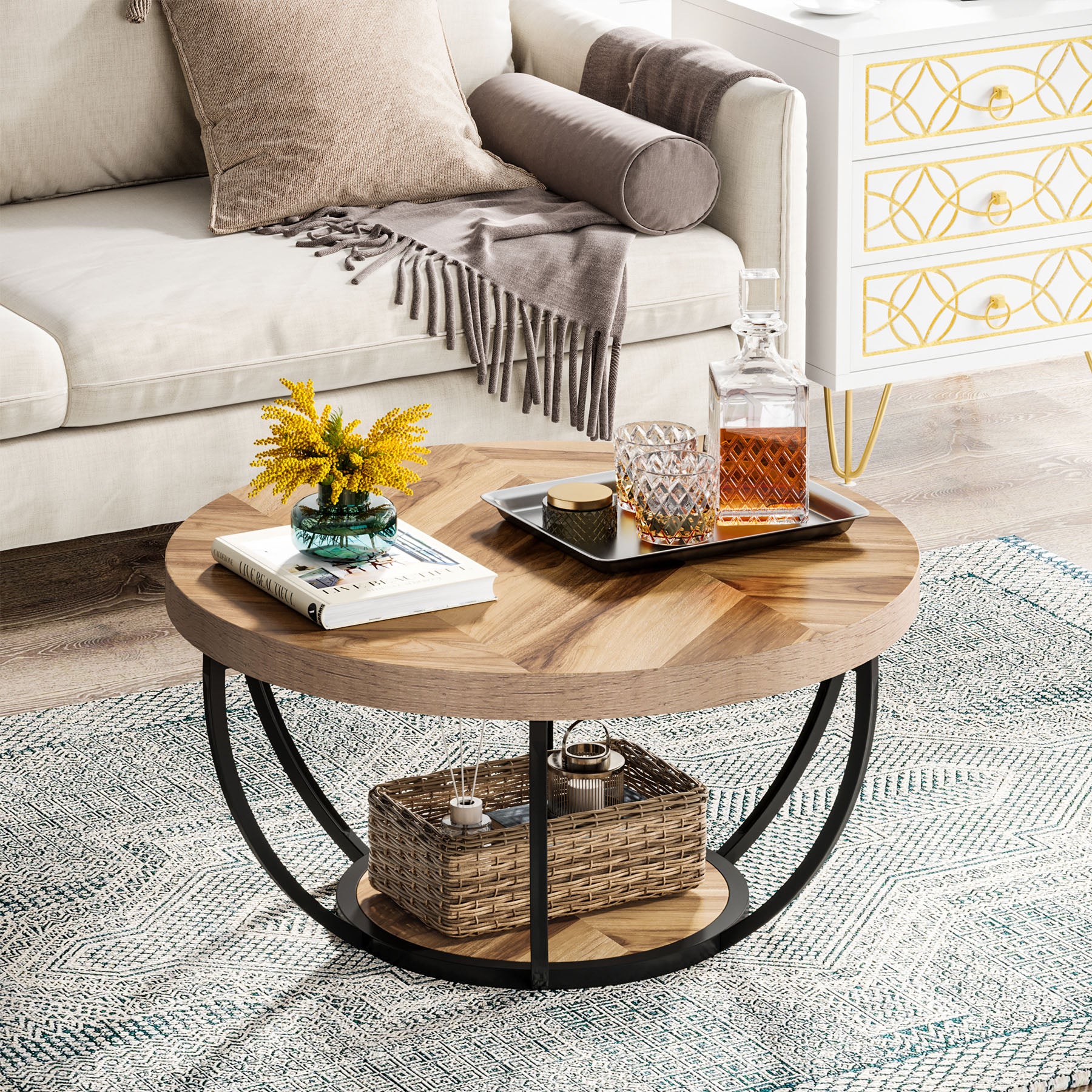 Wooden Coffee Table, 2-Tier Round Central Cocktail Table with Shelves - Image 3