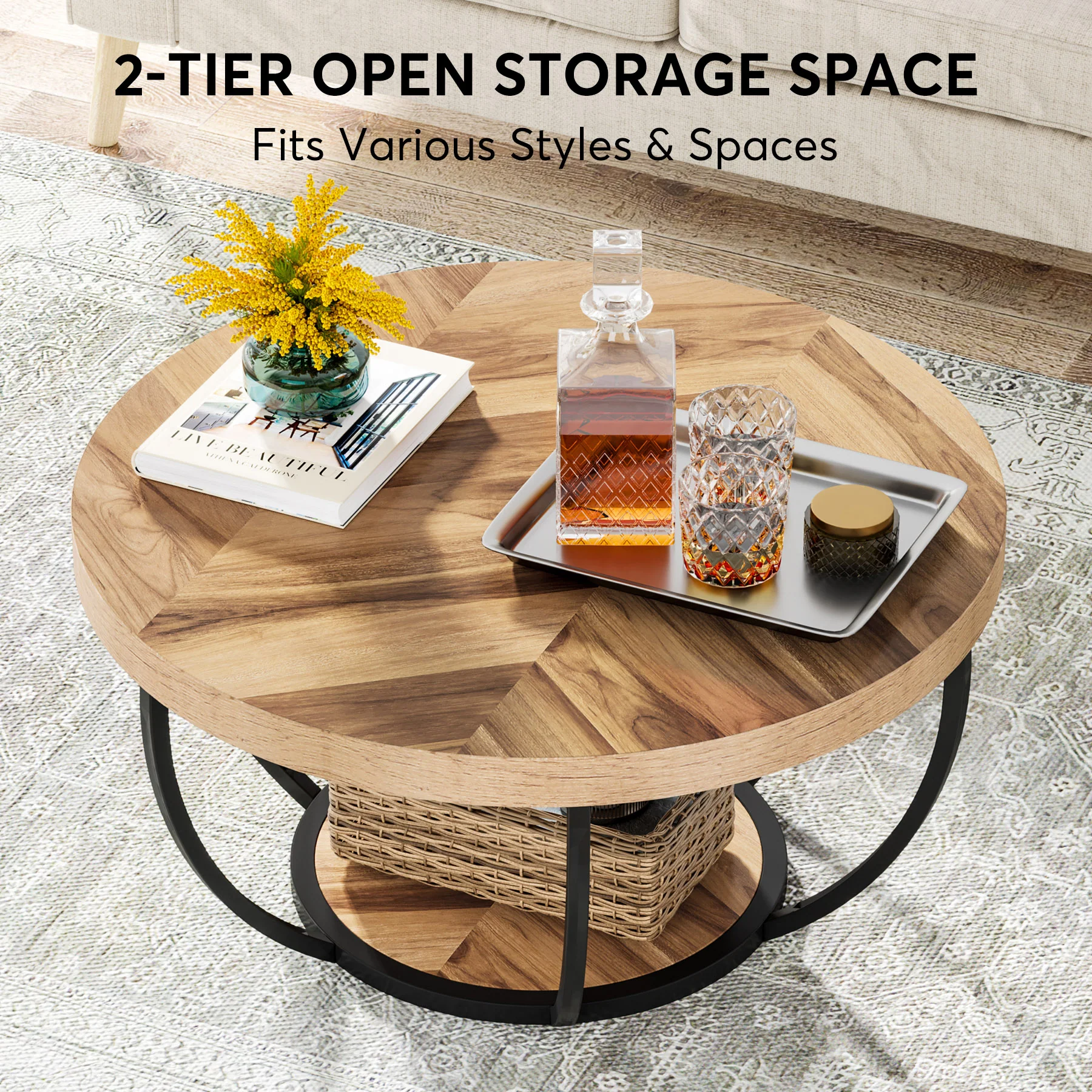 Wooden Coffee Table, 2-Tier Round Central Cocktail Table with Shelves - Image 5