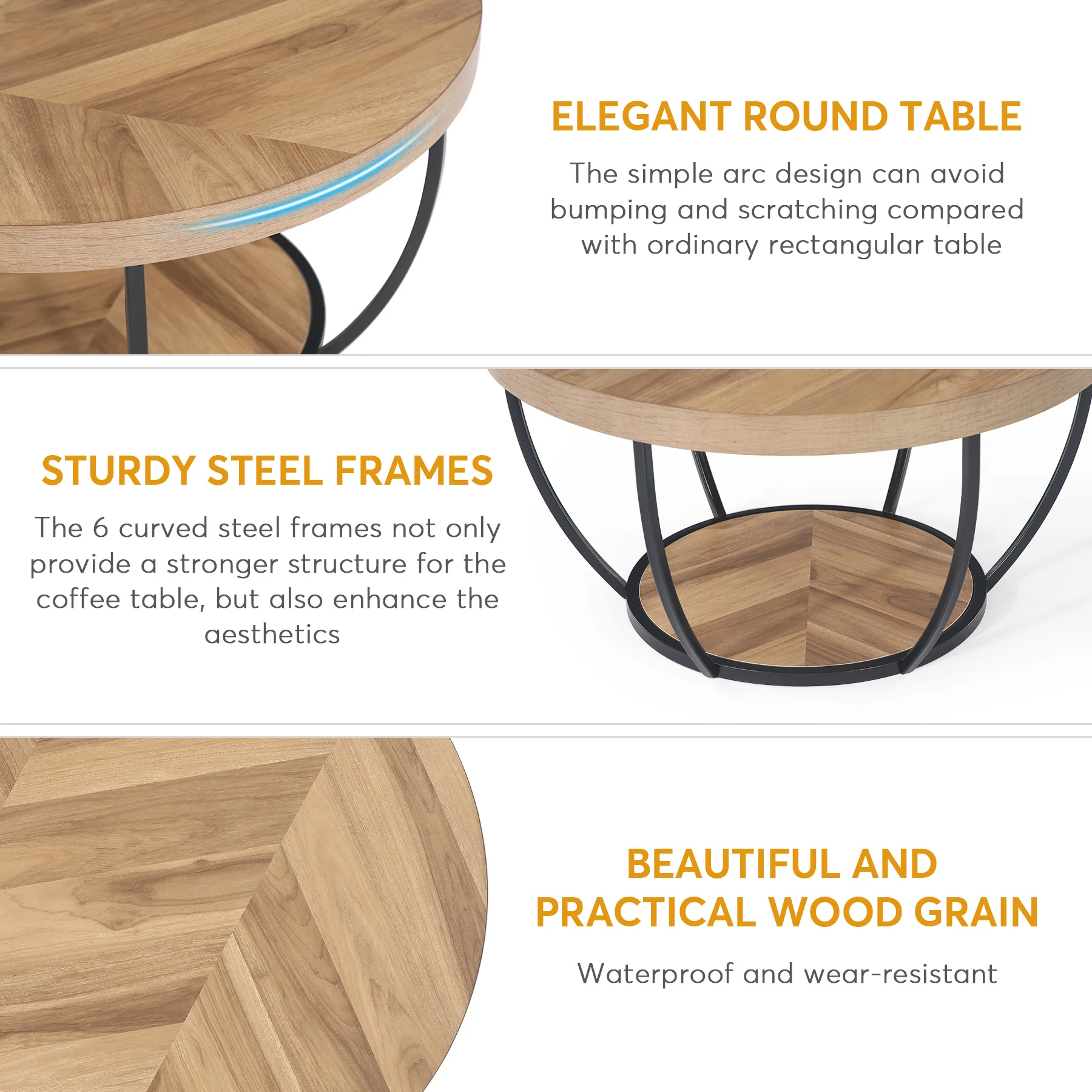 Wooden Coffee Table, 2-Tier Round Central Cocktail Table with Shelves - Image 6