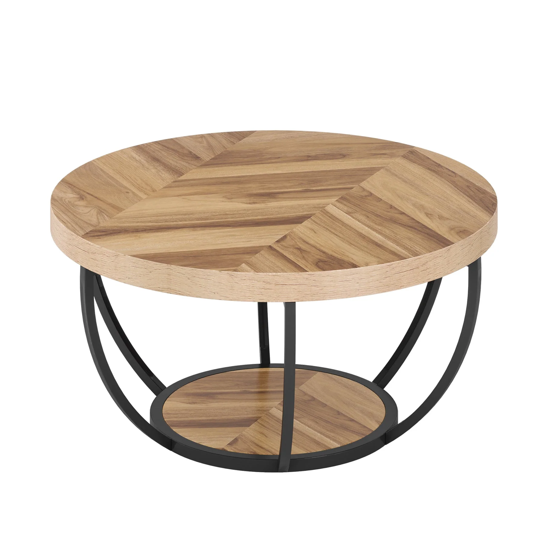 Wooden Coffee Table, 2-Tier Round Central Cocktail Table with Shelves - Image 7