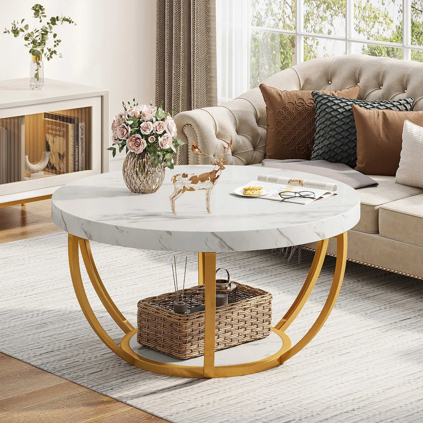 Wooden Coffee Table, 2-Tier Round Central Cocktail Table with Shelves - Image 8