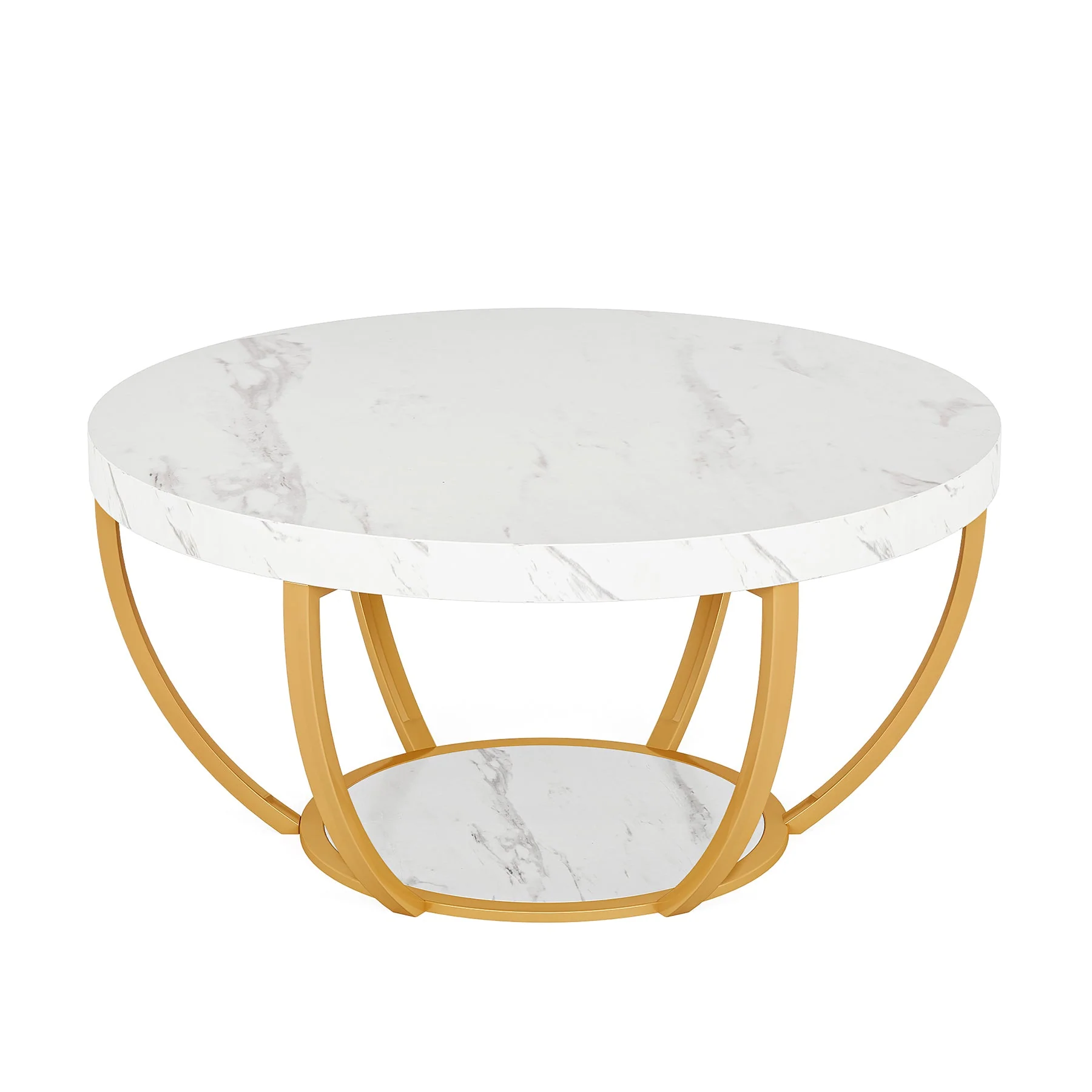 Wooden Coffee Table, 2-Tier Round Central Cocktail Table with Shelves - Image 9