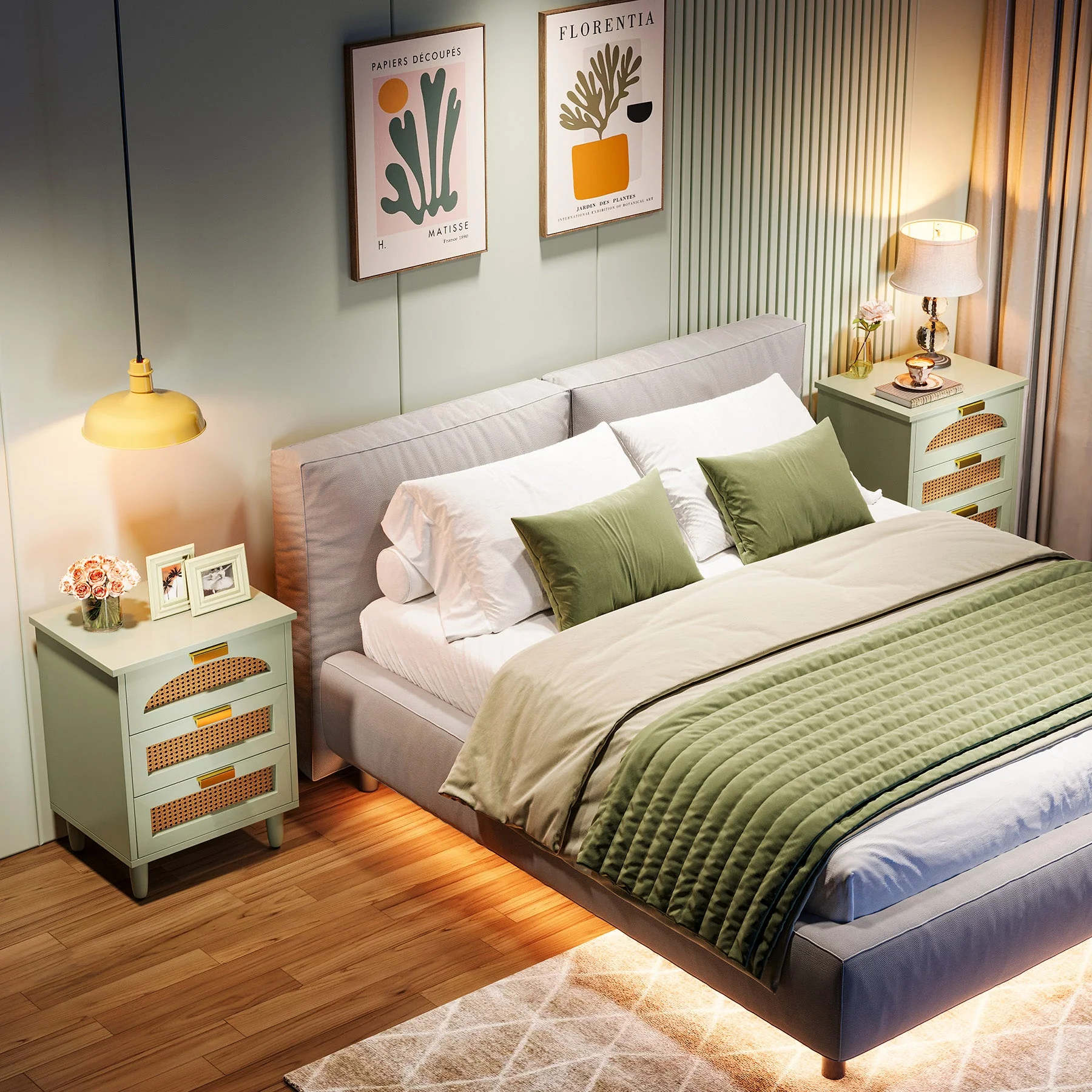 Rattan Nightstand, 20-Inch Bedside Table Storage Cabinet with 3-Drawers - Image 6