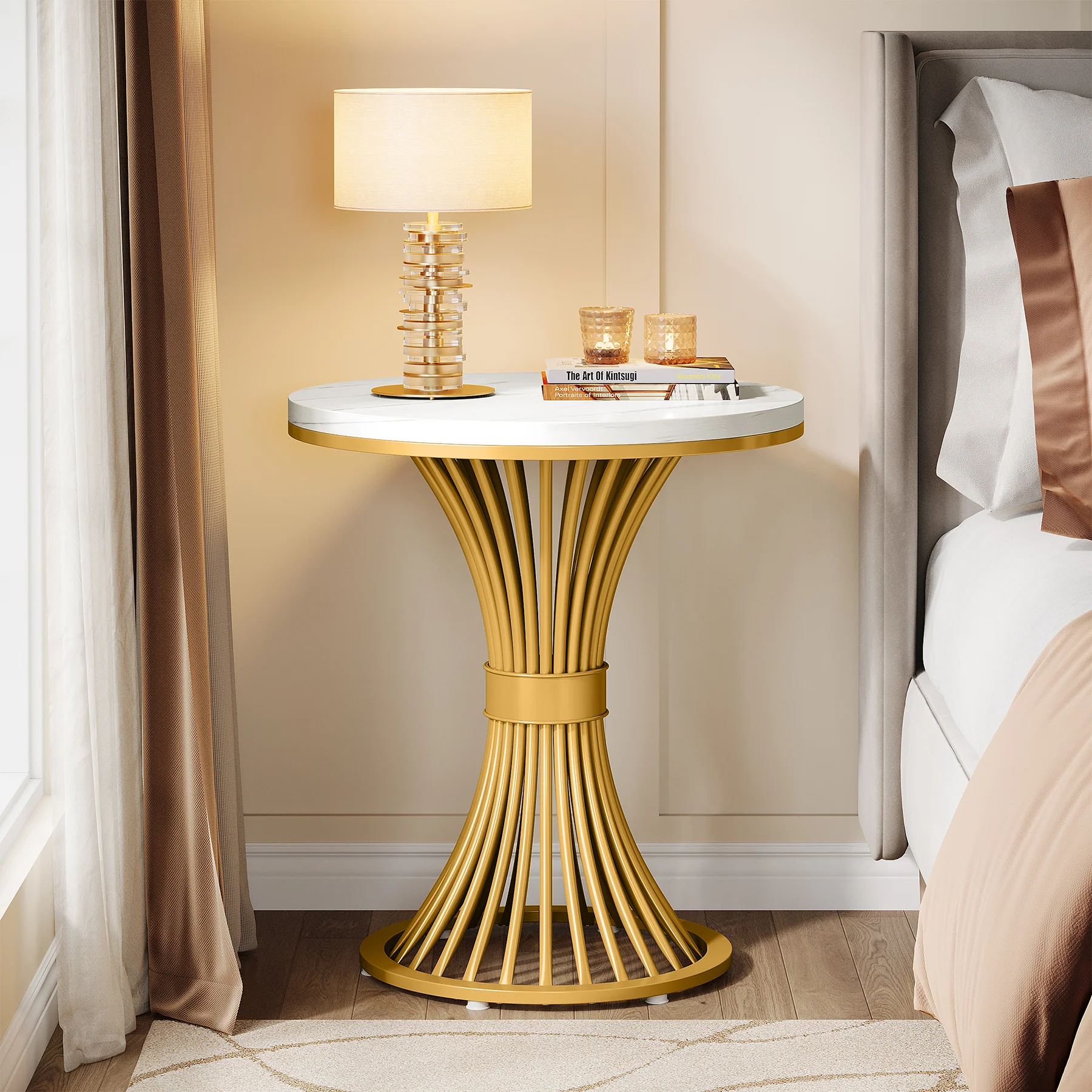 Tribesigns 20-Inch Round End Table, Faux Marble Side Table with Gold Metal Base - Image 4