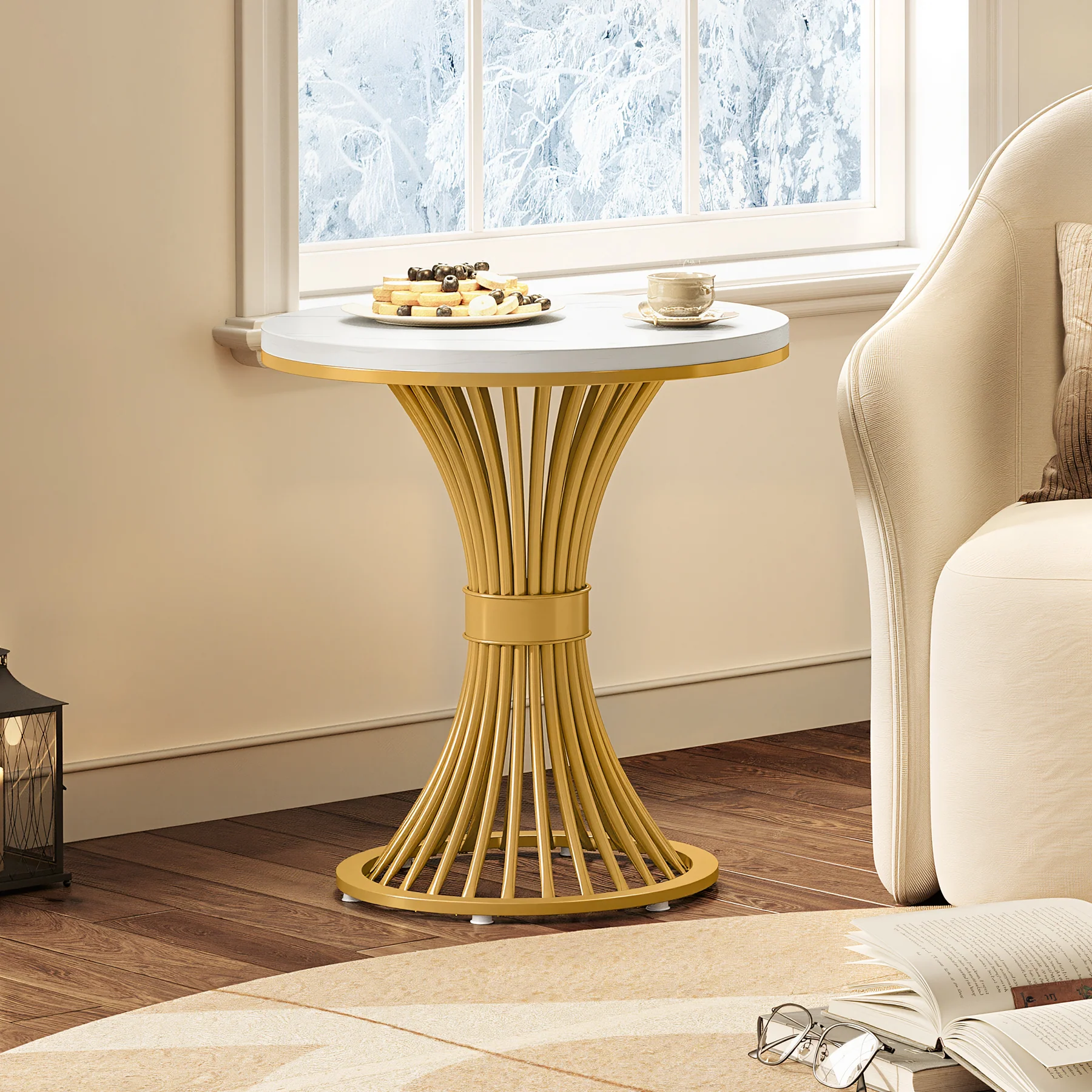 Tribesigns 20-Inch Round End Table, Faux Marble Side Table with Gold Metal Base - Image 9