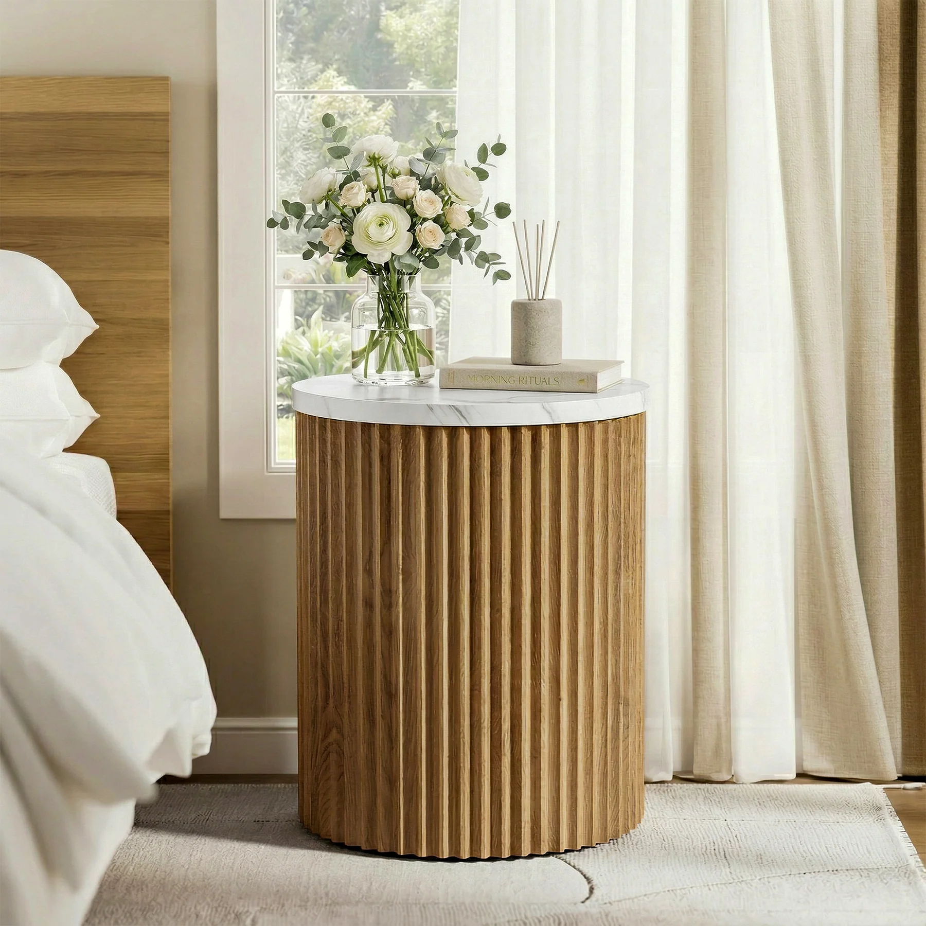 Round Nightstand, 23.6" Bedside Table with Faux Marble Tabletop & Fluted Base - Image 3