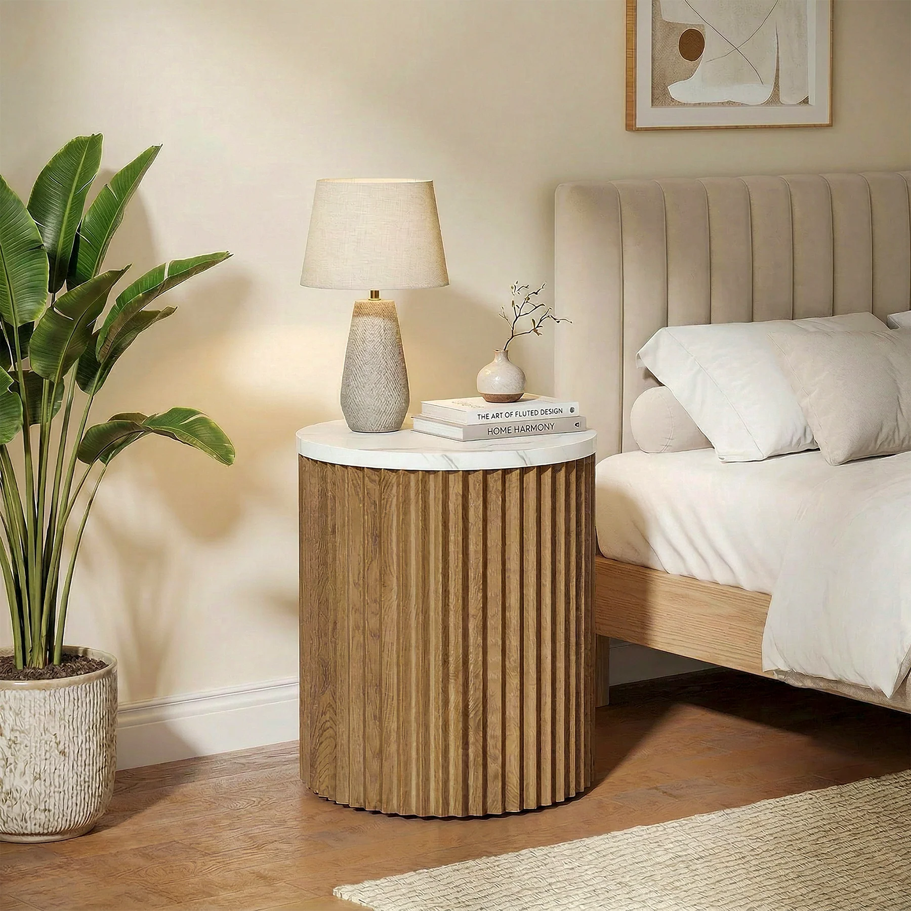 Round Nightstand, 23.6" Bedside Table with Faux Marble Tabletop & Fluted Base - Image 4