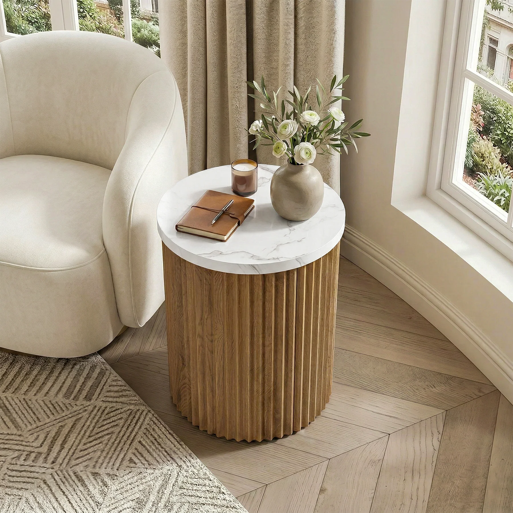 Round Nightstand, 23.6" Bedside Table with Faux Marble Tabletop & Fluted Base - Image 5