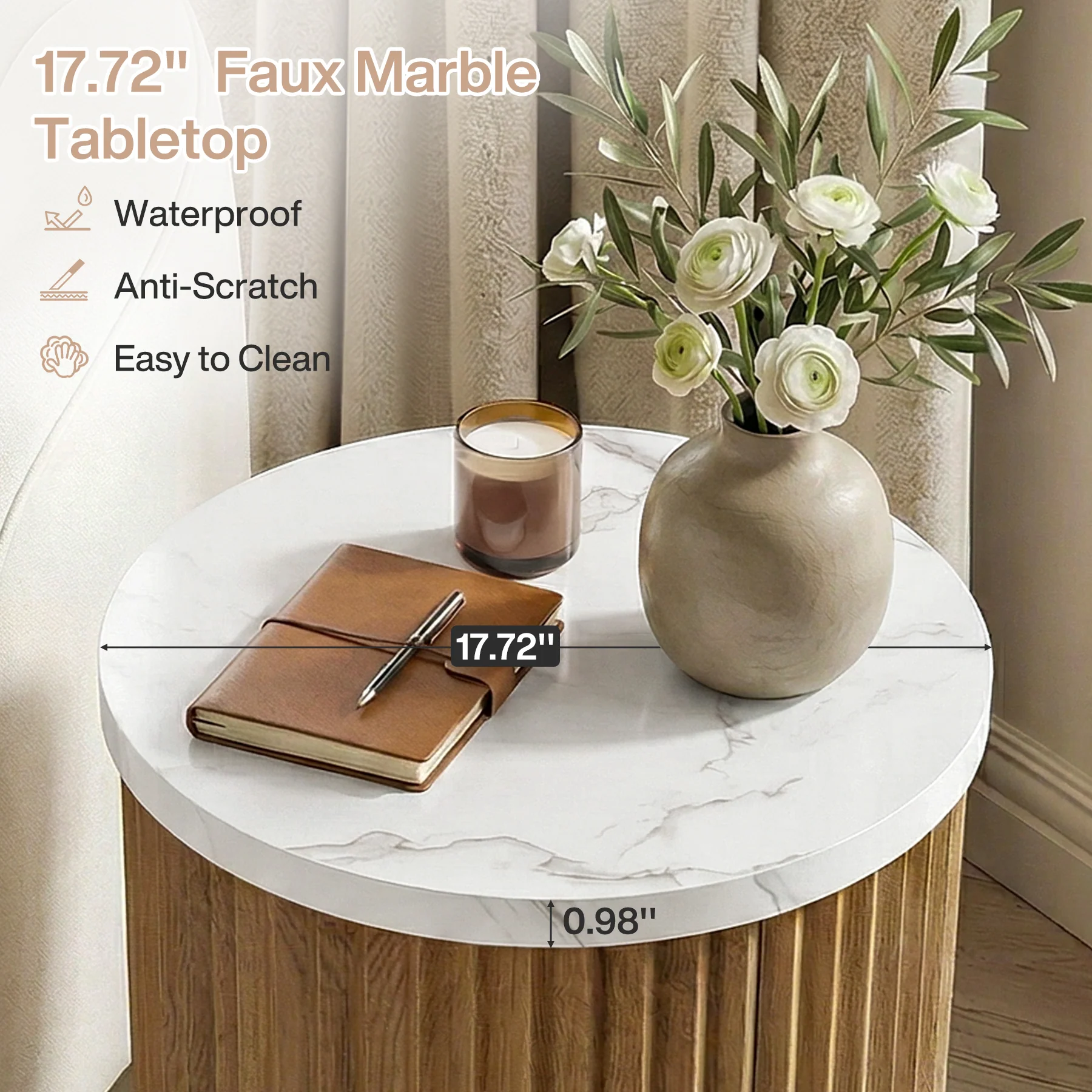 Round Nightstand, 23.6" Bedside Table with Faux Marble Tabletop & Fluted Base - Image 6
